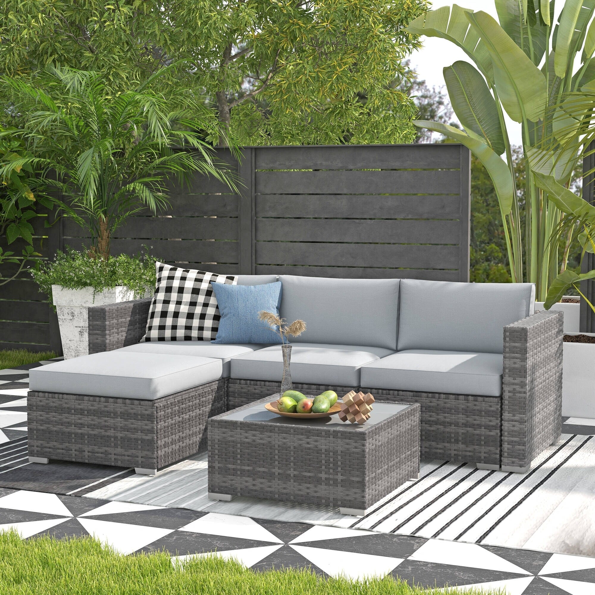 5-teiliges Outdoor-Ecksofa-Set aus Rattan mit Kissen