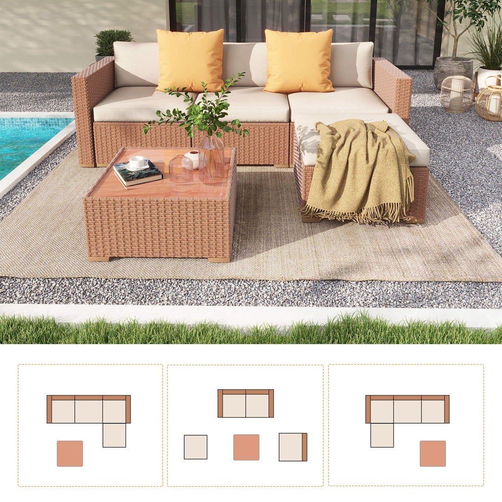 5-teiliges Outdoor-Ecksofa-Set aus Rattan mit Kissen