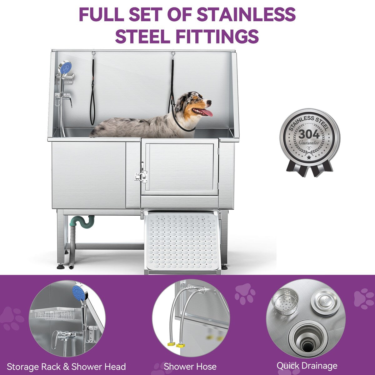 50 Zoll breite, verstellbare Haustierbadewanne aus Edelstahl mit Rampe – Silber