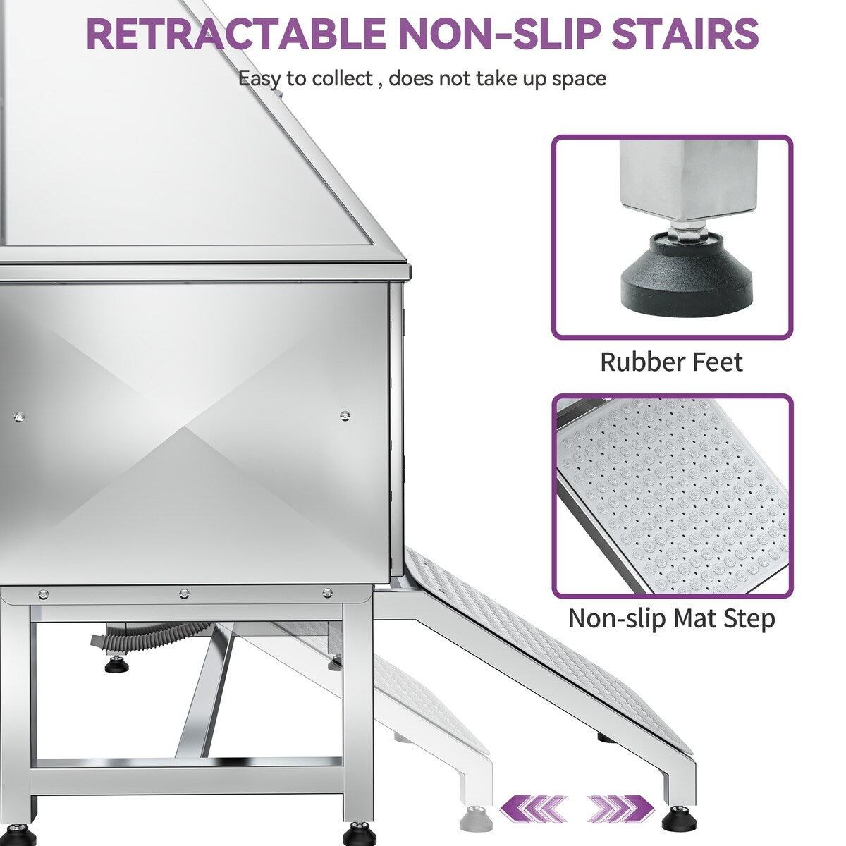 50 Zoll breite, verstellbare Haustierbadewanne aus Edelstahl mit Rampe – Silber