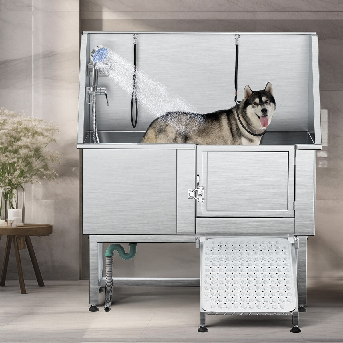 50 Zoll breite, verstellbare Haustierbadewanne aus Edelstahl mit Rampe – Silber