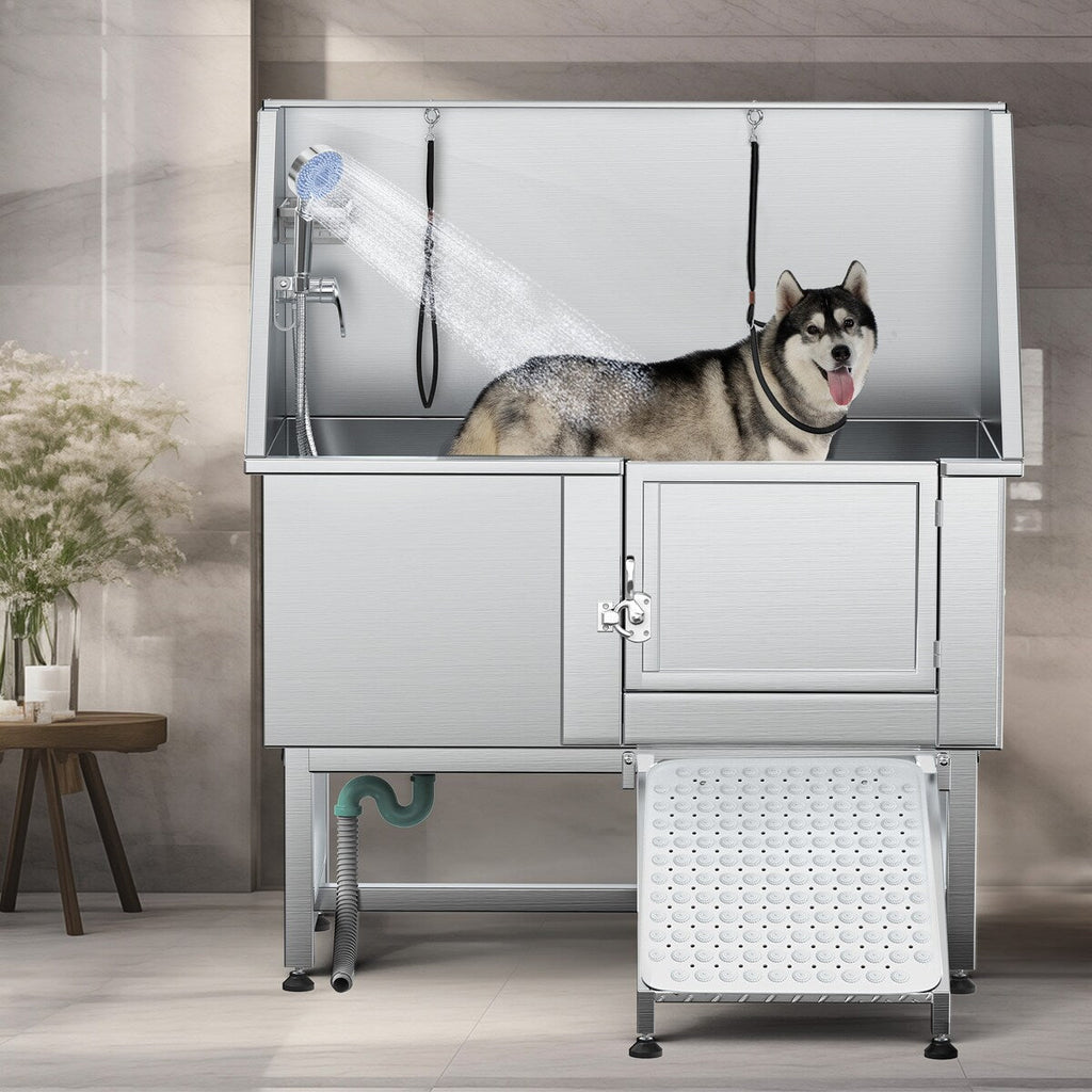 50 Zoll breite, verstellbare Haustierbadewanne aus Edelstahl mit Rampe – Silber