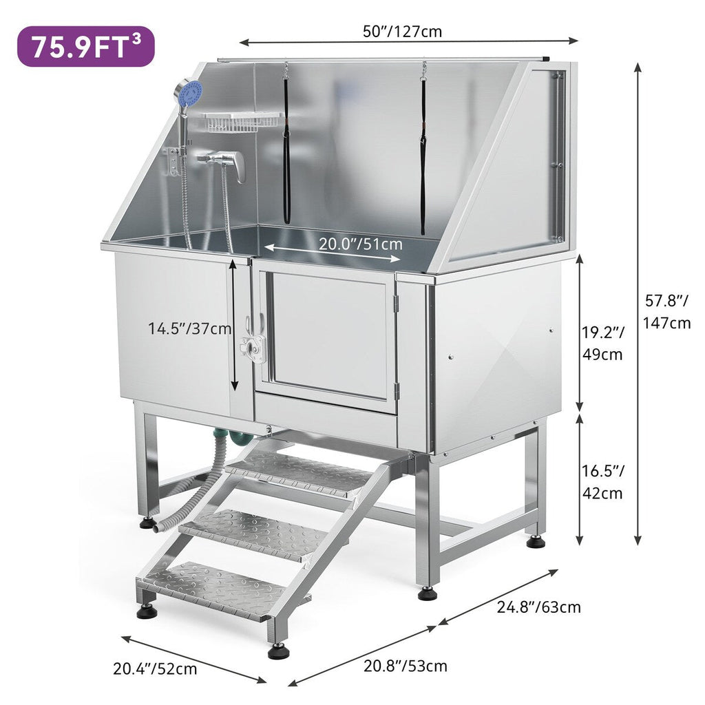 50 Zoll breite, verstellbare Haustierbadewanne aus Edelstahl mit Stufenrampe
