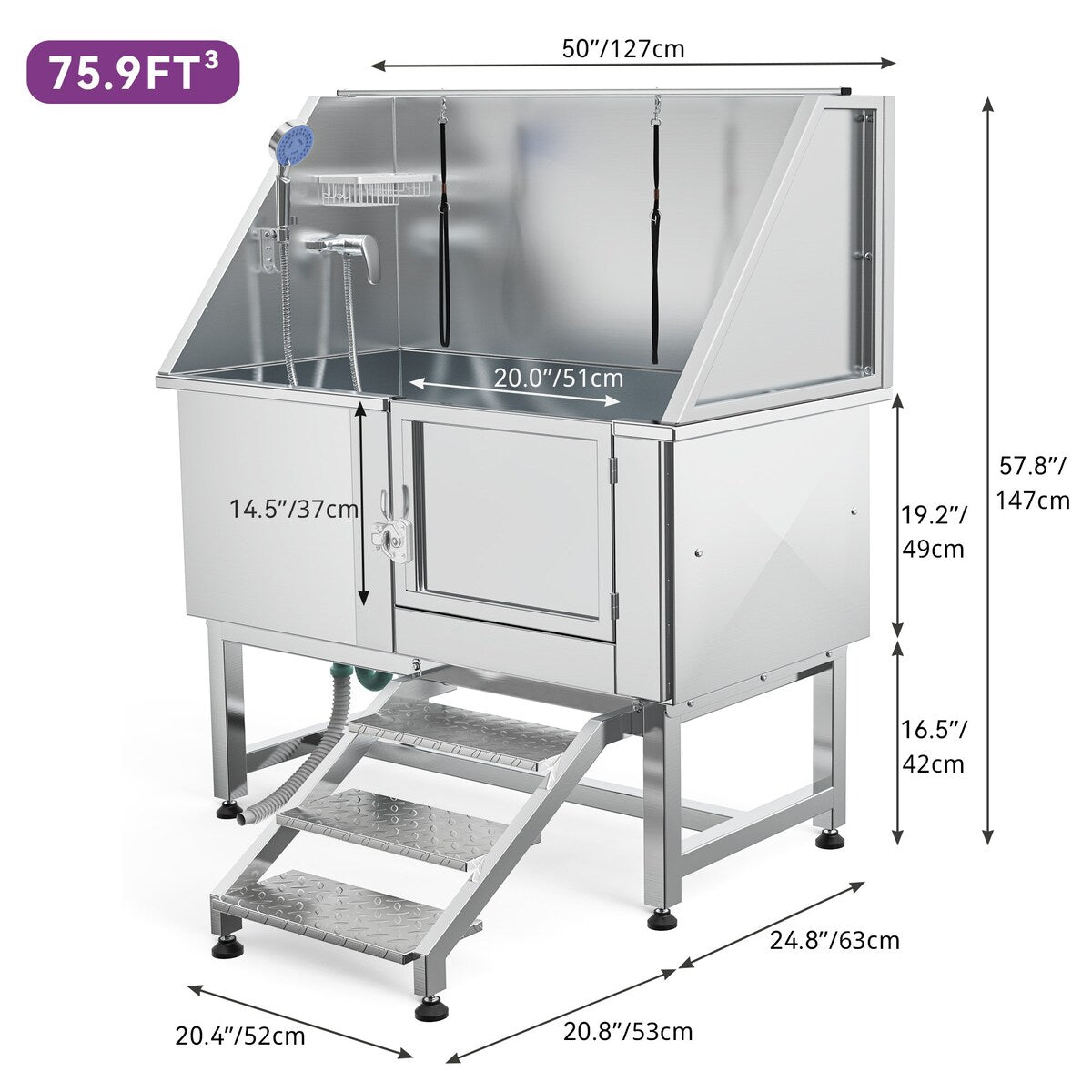 50 Zoll breite, verstellbare Haustierbadewanne aus Edelstahl mit Stufenrampe