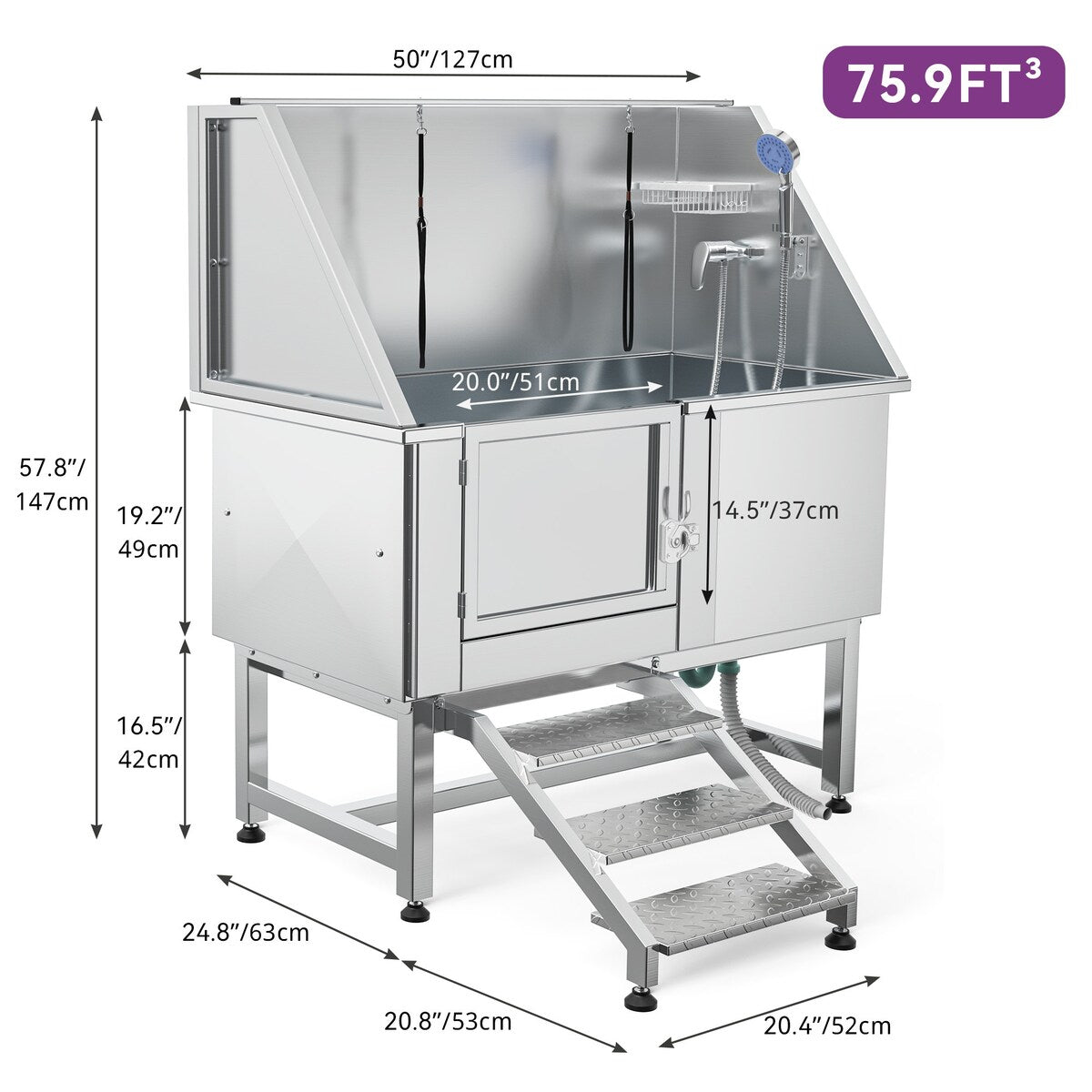 50 Zoll breite, verstellbare Haustierbadewanne aus Edelstahl mit Stufenrampe