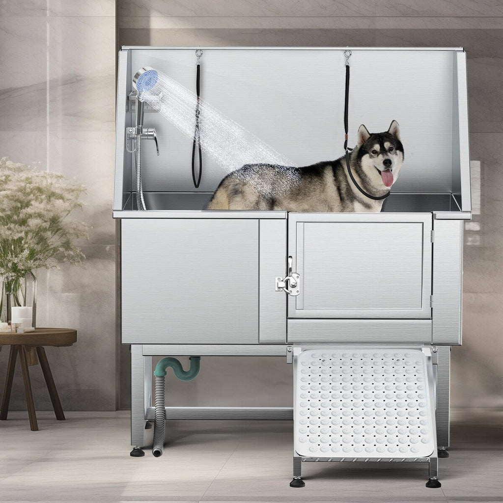 50 Zoll breite, verstellbare Haustierbadewanne aus Edelstahl mit Stufenrampe
