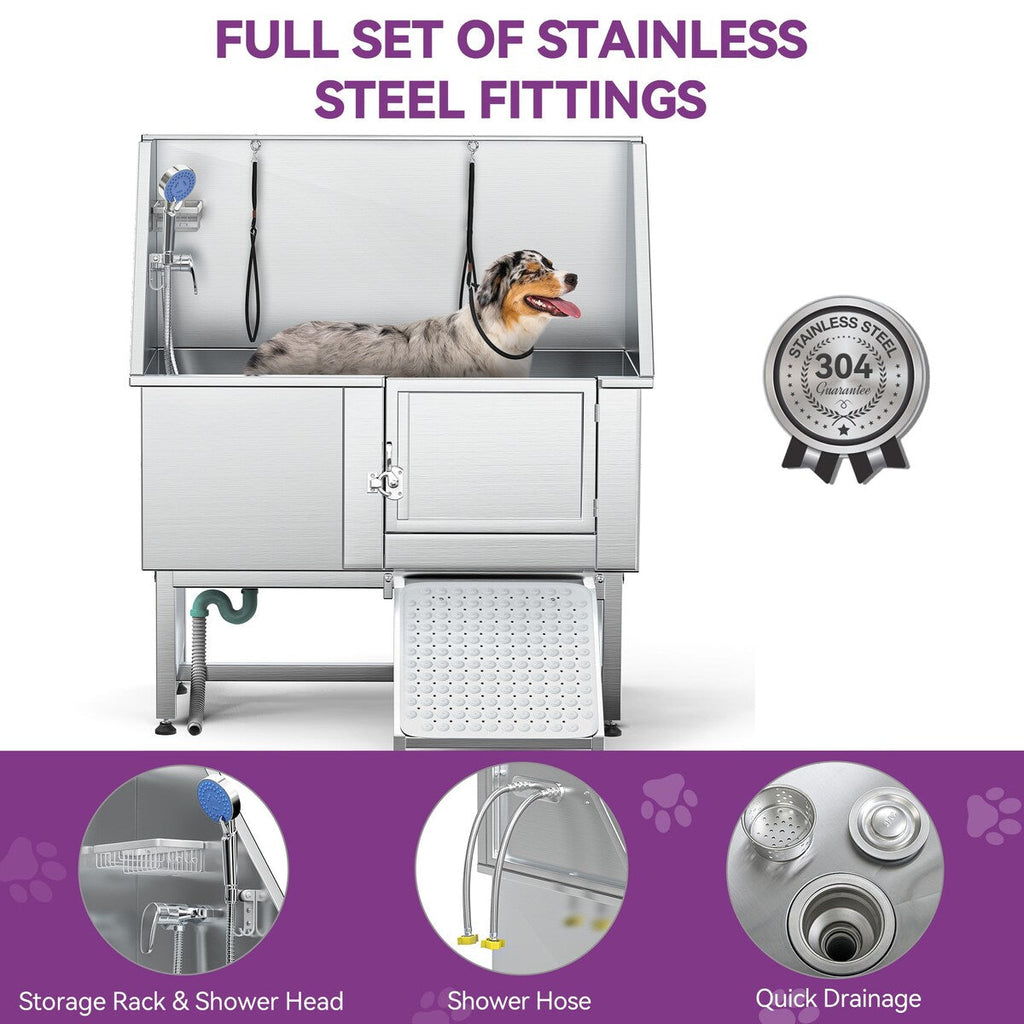 50 Zoll breite, verstellbare Haustierbadewanne aus Edelstahl mit Stufenrampe