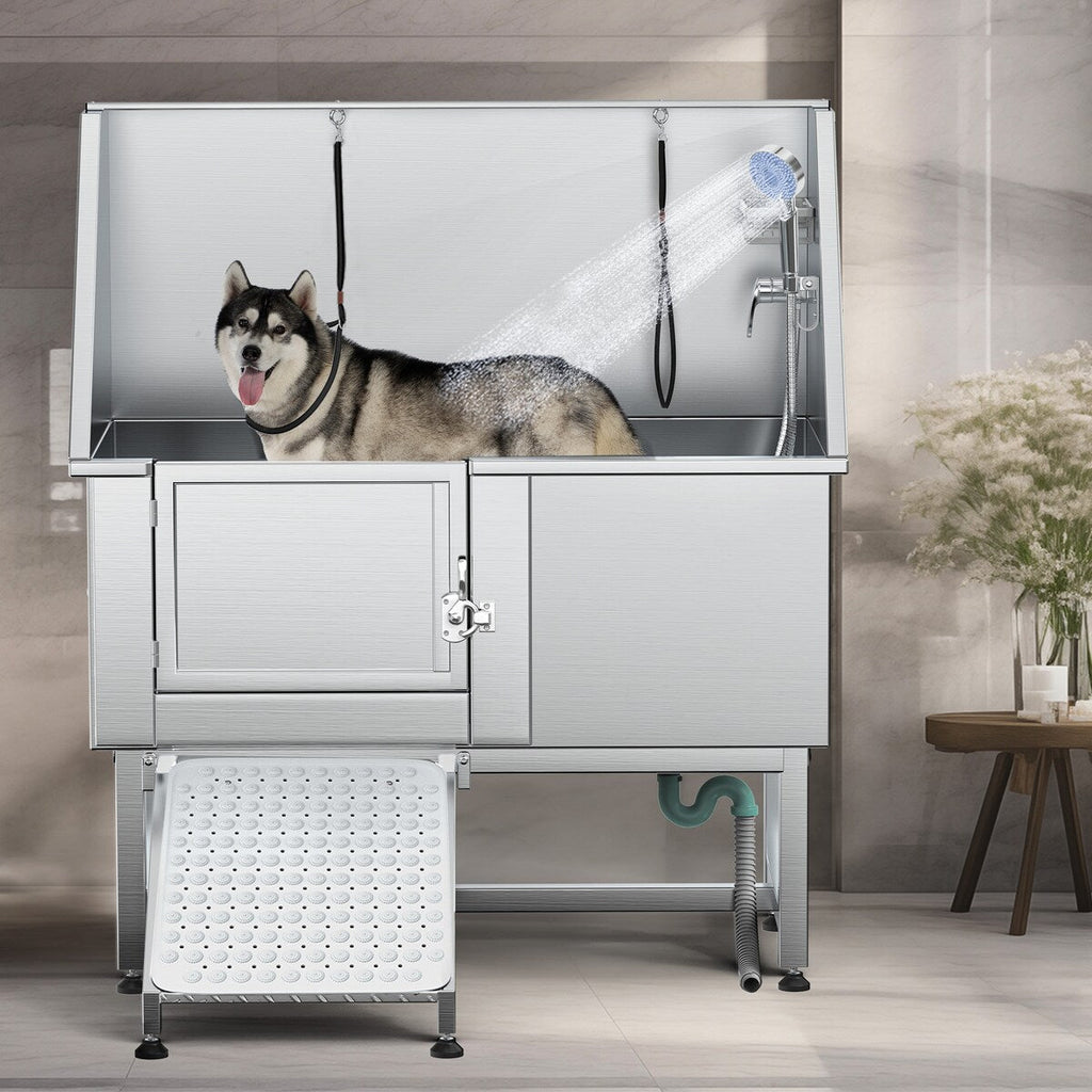 50 Zoll breite, verstellbare Haustierbadewanne aus Edelstahl mit Stufenrampe