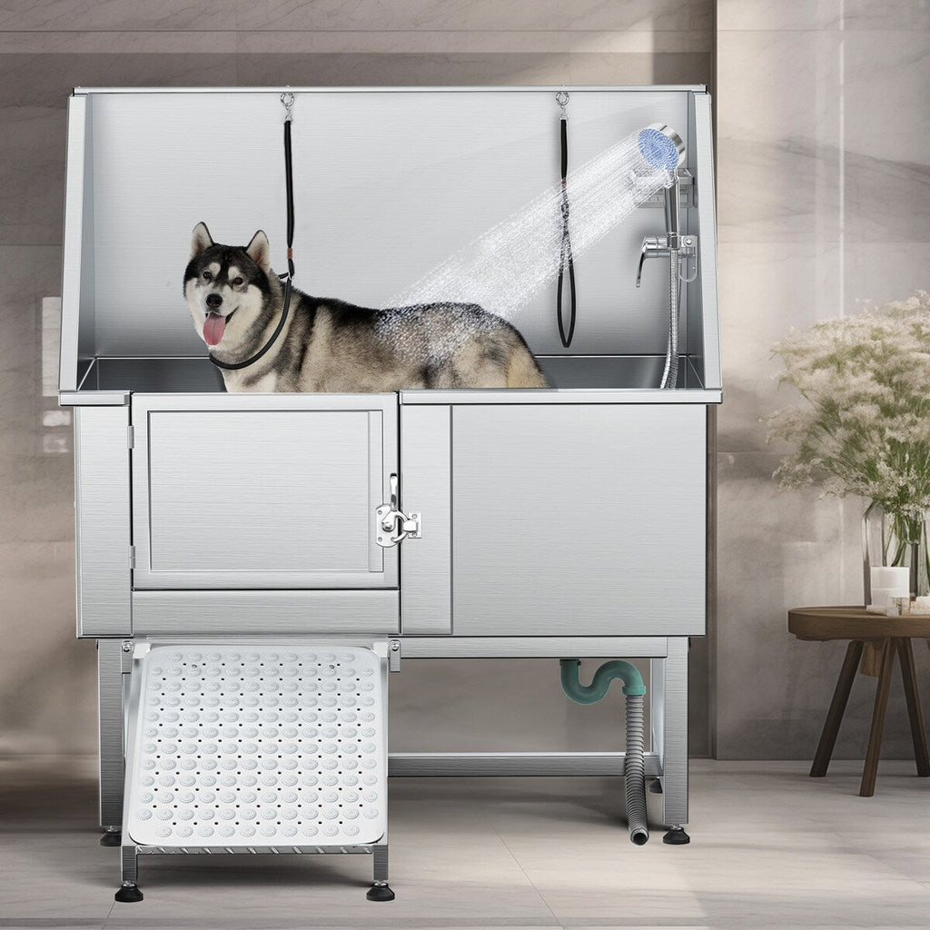 50 Zoll breite, verstellbare Haustierbadewanne aus Edelstahl mit Stufenrampe