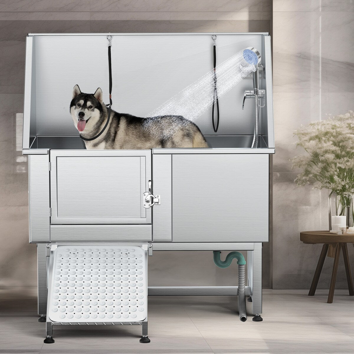 50 Zoll breite, verstellbare Haustierbadewanne aus Edelstahl mit Stufenrampe