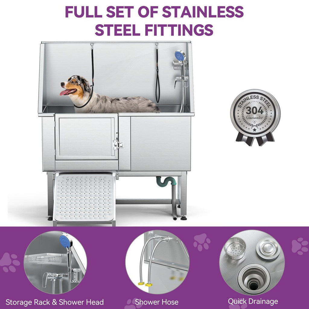 50 Zoll breite, verstellbare Haustierbadewanne aus Edelstahl mit Stufenrampe