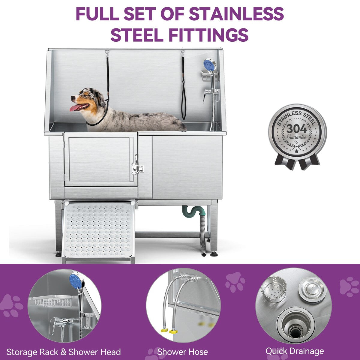 50 Zoll breite, verstellbare Haustierbadewanne aus Edelstahl mit Stufenrampe