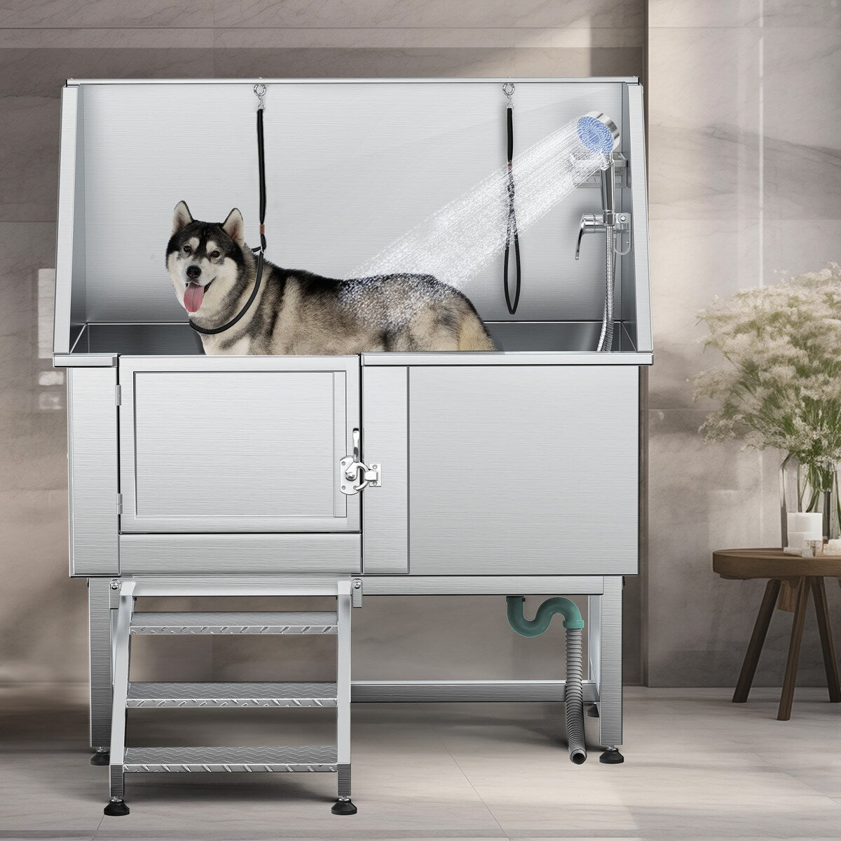 50 Zoll breite, verstellbare Haustierbadewanne aus Edelstahl mit Stufenrampe