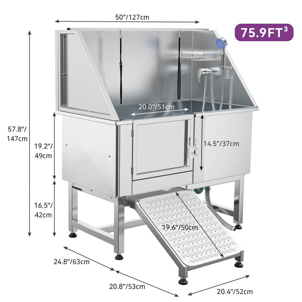 50 Zoll breite, verstellbare Haustierbadewanne aus Edelstahl mit Stufenrampe