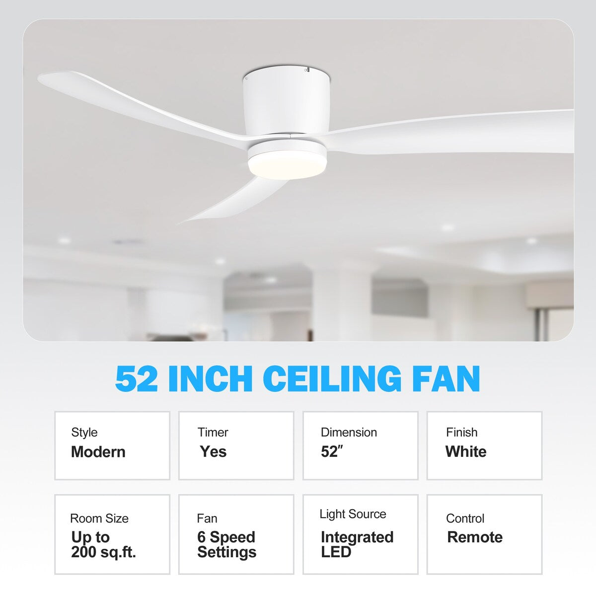 52 Zoll (132 cm) großer, schwarz/weißer LED-Deckenventilator mit Fernbedienung und Beleuchtung (3 Flügel)