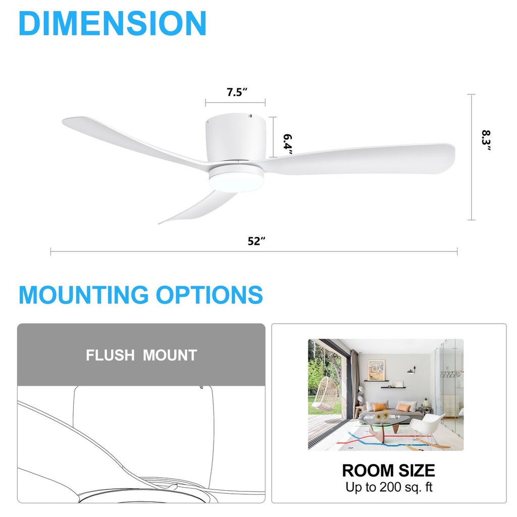 52 Zoll (132 cm) großer, schwarz/weißer LED-Deckenventilator mit Fernbedienung und Beleuchtung (3 Flügel)
