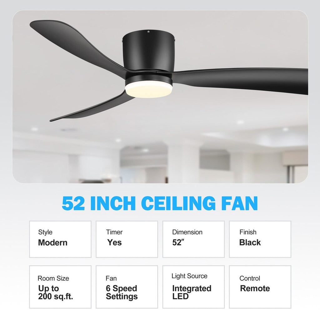 52 Zoll (132 cm) großer, schwarz/weißer LED-Deckenventilator mit Fernbedienung und Beleuchtung (3 Flügel)