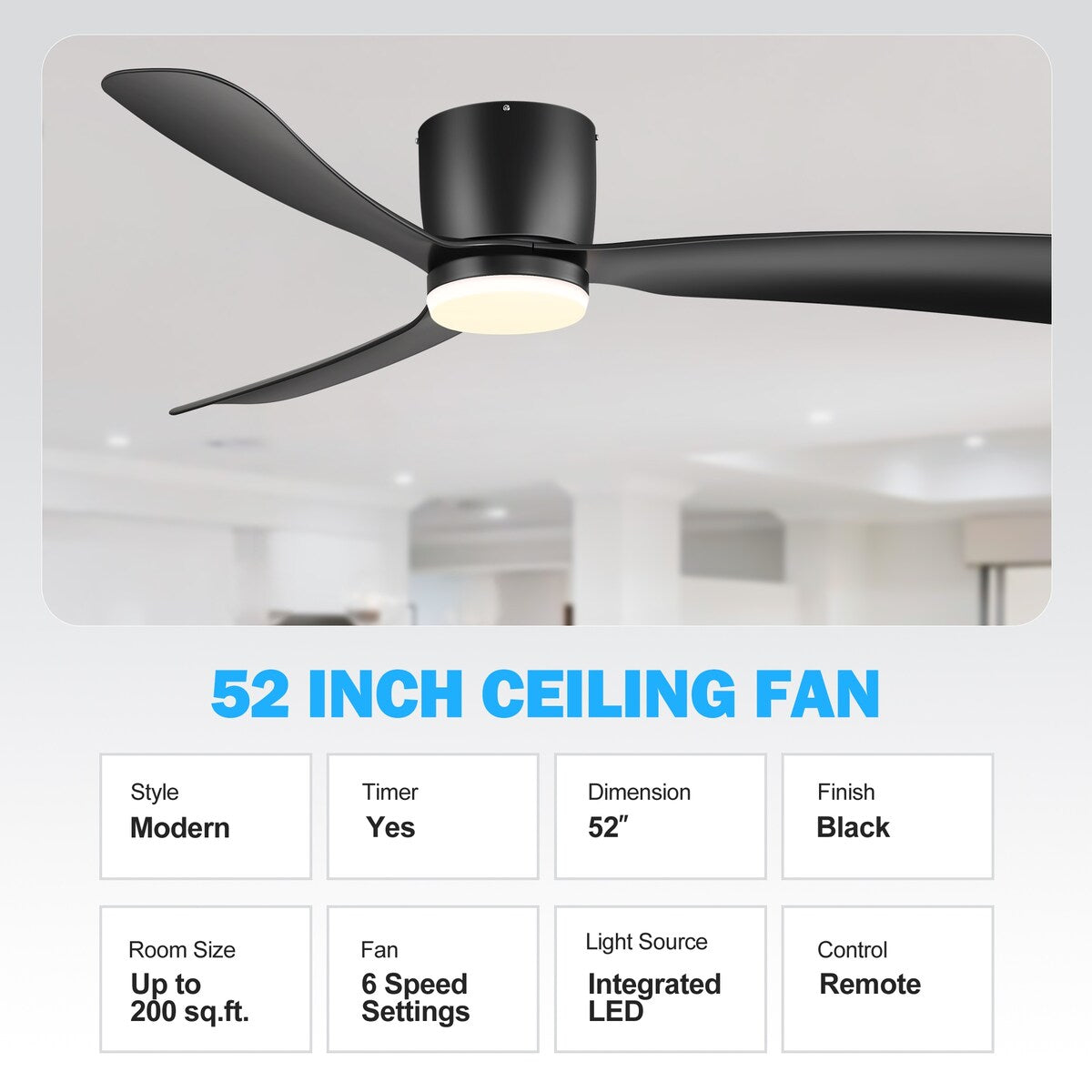 52 Zoll (132 cm) großer, schwarz/weißer LED-Deckenventilator mit Fernbedienung und Beleuchtung (3 Flügel)