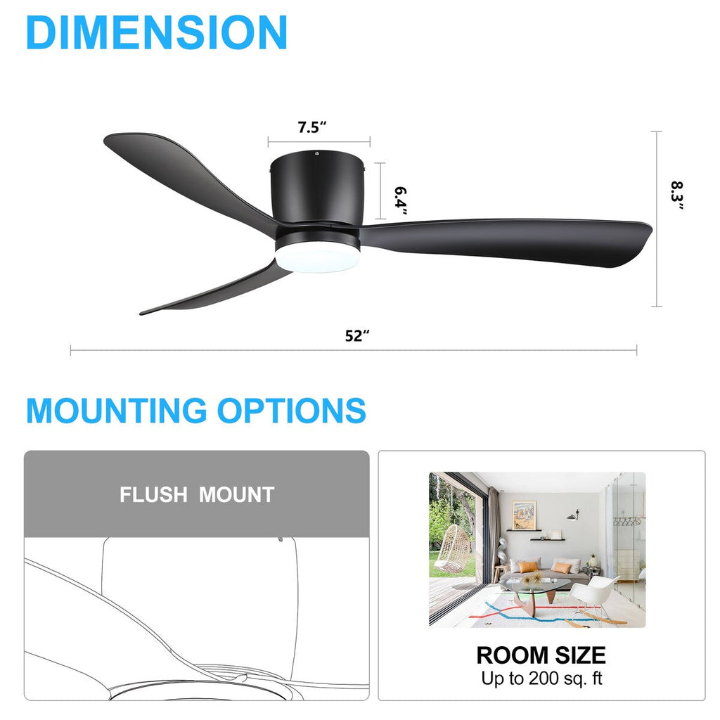 52 Zoll (132 cm) großer, schwarz/weißer LED-Deckenventilator mit Fernbedienung und Beleuchtung (3 Flügel)