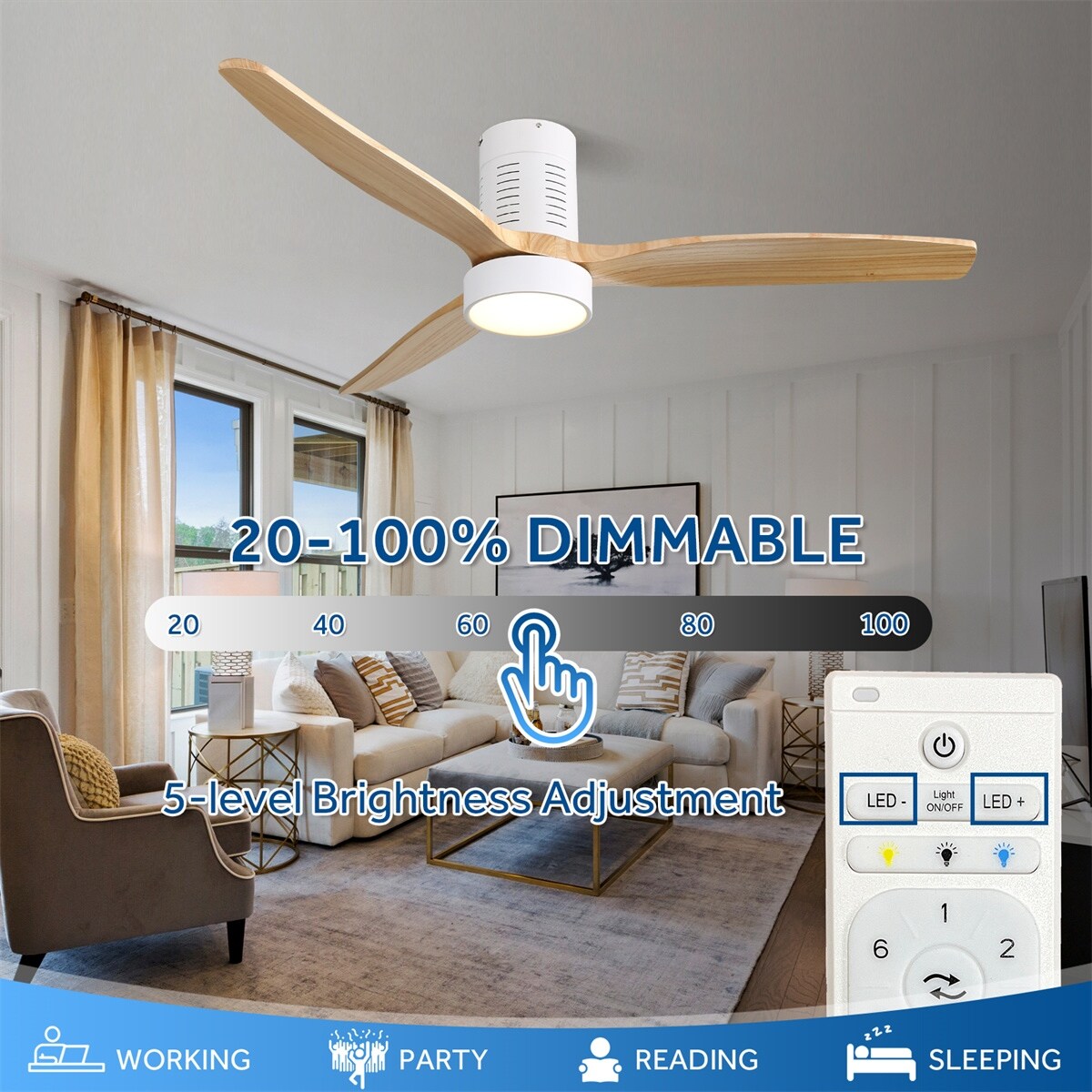 52-Zoll-Deckenventilator im Landhausstil mit Beleuchtung und Fernbedienung, reversibler Gleichstrommotor