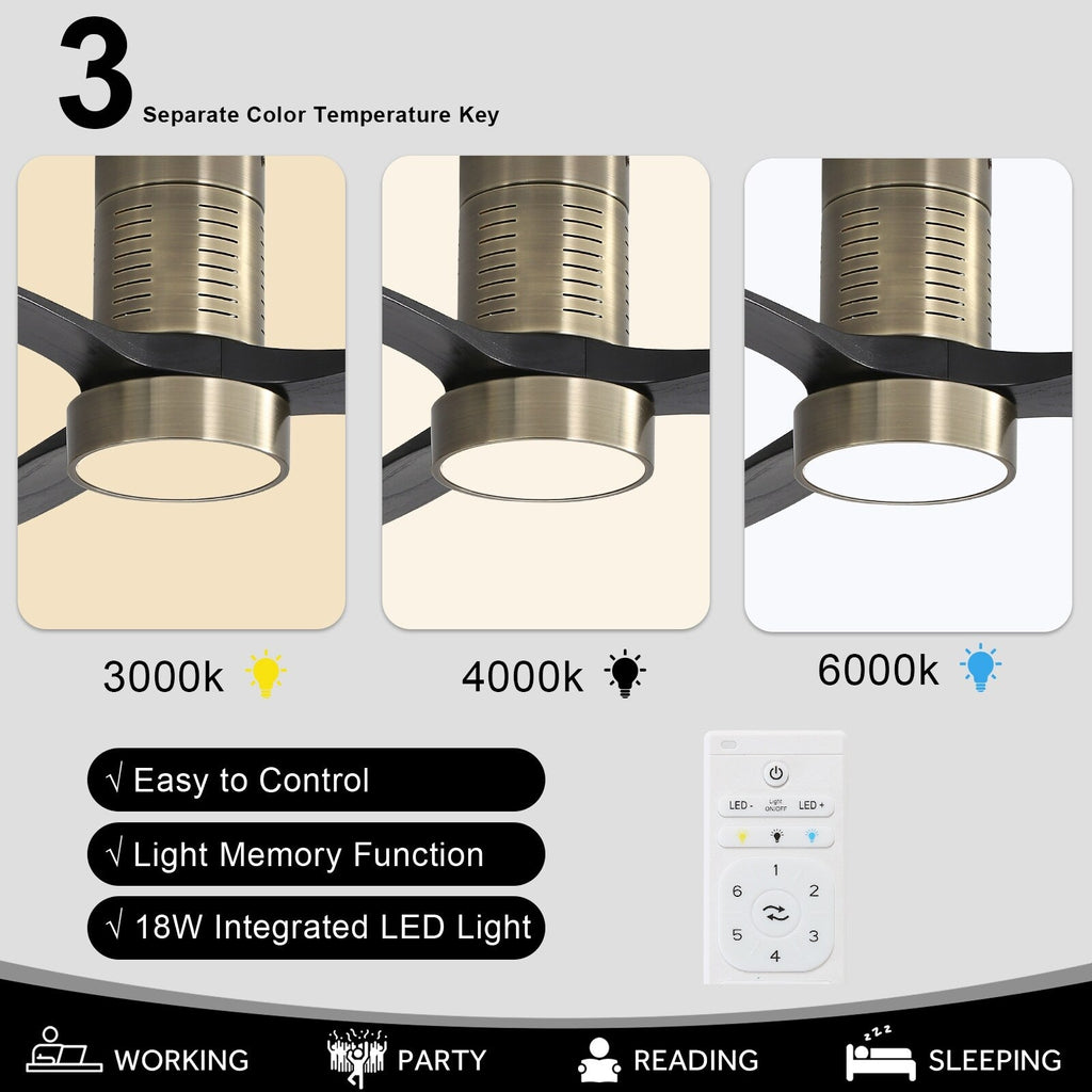 52-Zoll-Deckenventilator im Landhausstil mit Beleuchtung und Fernbedienung, reversibler Gleichstrommotor