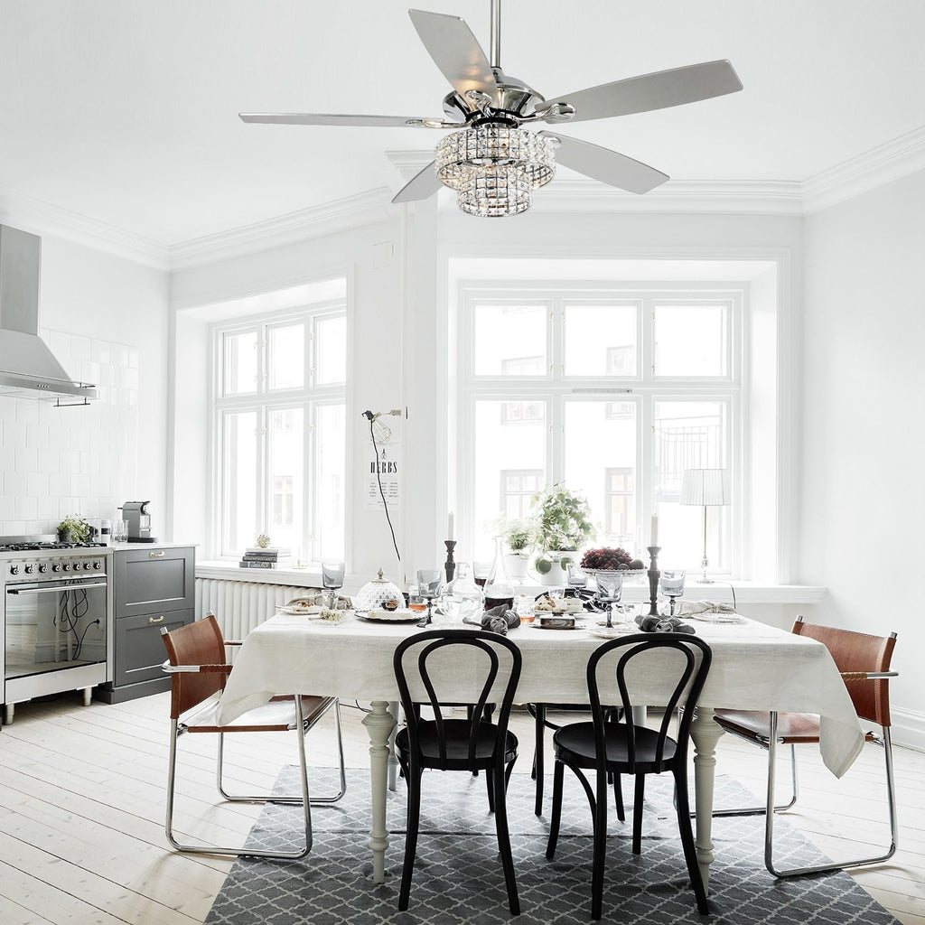 52-Zoll-Deckenventilator mit 5 Flügeln, verchromt, aus Holz, im modernen Kristall-Design und mit Fernbedienung