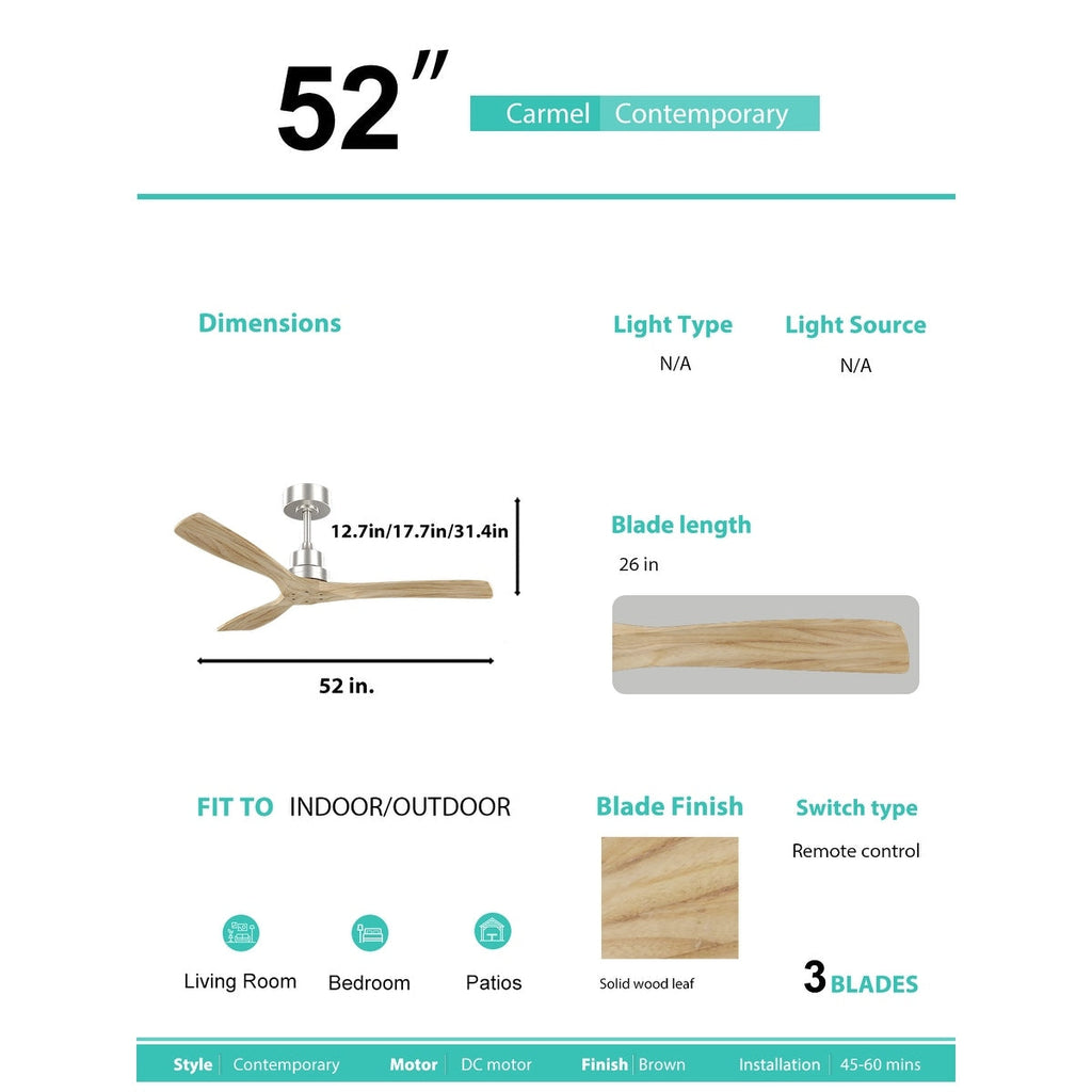 Moderner 52-Zoll-Deckenventilator aus Massivholz/ABS mit Fernbedienung (ohne Beleuchtung), 6 Windgeschwindigkeiten und umkehrbarer Luftstromrichtung