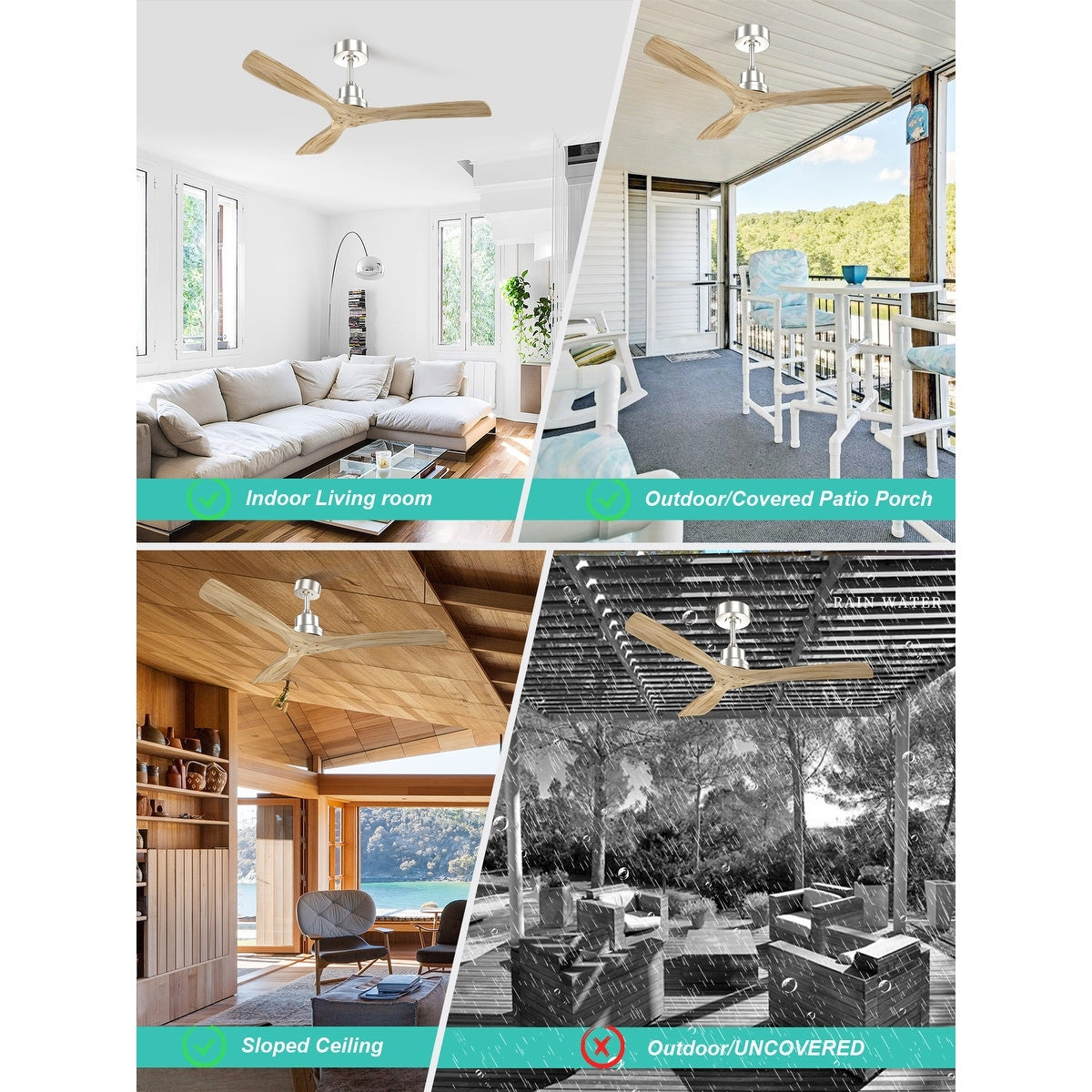 Moderner 52-Zoll-Deckenventilator aus Massivholz/ABS mit Fernbedienung (ohne Beleuchtung), 6 Windgeschwindigkeiten und umkehrbarer Luftstromrichtung