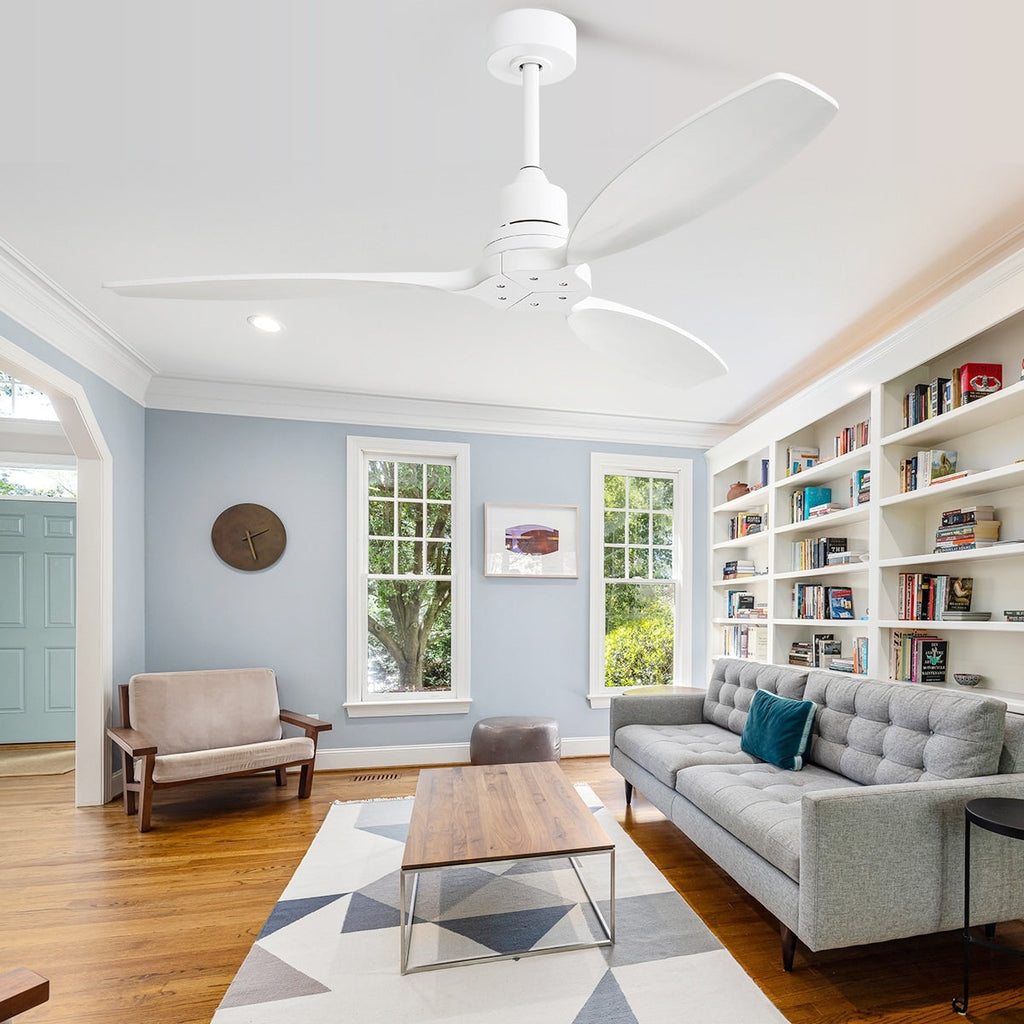 Moderner 52-Zoll-Deckenventilator aus Massivholz/ABS mit Fernbedienung (ohne Beleuchtung), 6 Windgeschwindigkeiten und umkehrbarer Luftstromrichtung