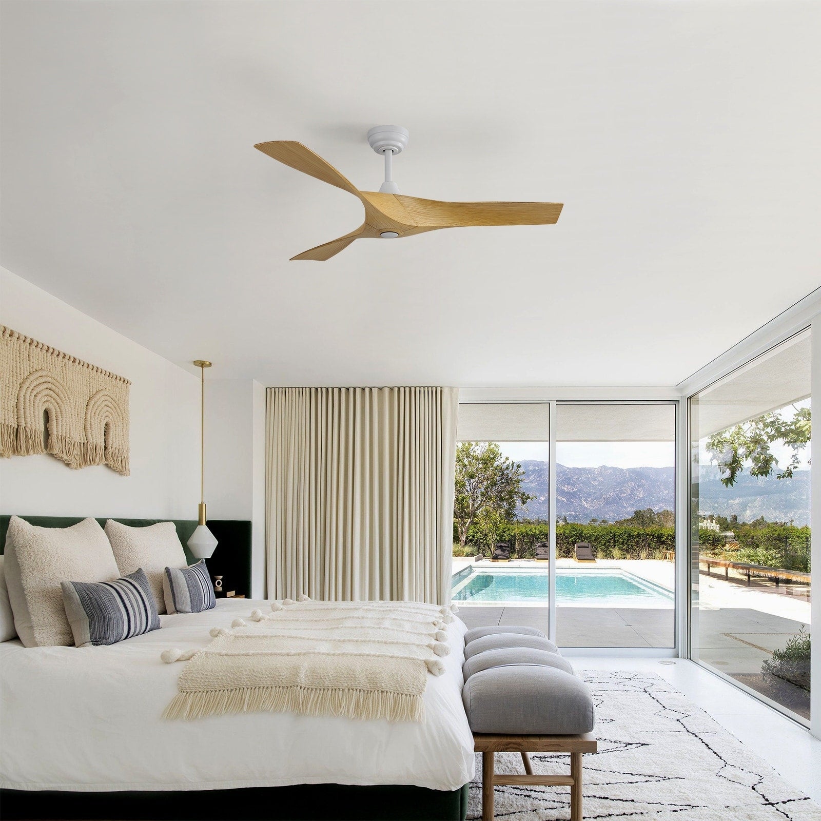 Moderner 52-Zoll-Deckenventilator aus Massivholz/ABS mit Fernbedienung (ohne Beleuchtung), 6 Windgeschwindigkeiten und umkehrbarer Luftstromrichtung
