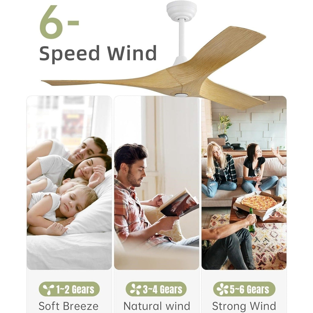 Moderner 52-Zoll-Deckenventilator aus Massivholz/ABS mit Fernbedienung (ohne Beleuchtung), 6 Windgeschwindigkeiten und umkehrbarer Luftstromrichtung