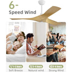 Moderner 52-Zoll-Deckenventilator aus Massivholz/ABS mit Fernbedienung (ohne Beleuchtung), 6 Windgeschwindigkeiten und umkehrbarer Luftstromrichtung