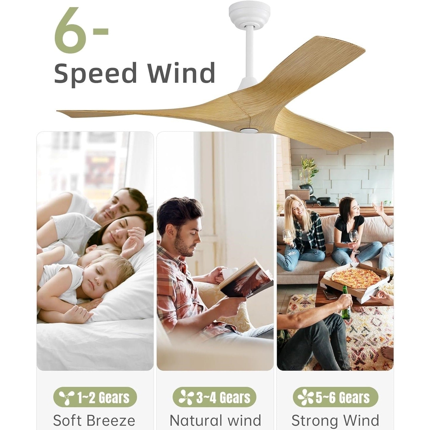 Moderner 52-Zoll-Deckenventilator aus Massivholz/ABS mit Fernbedienung (ohne Beleuchtung), 6 Windgeschwindigkeiten und umkehrbarer Luftstromrichtung