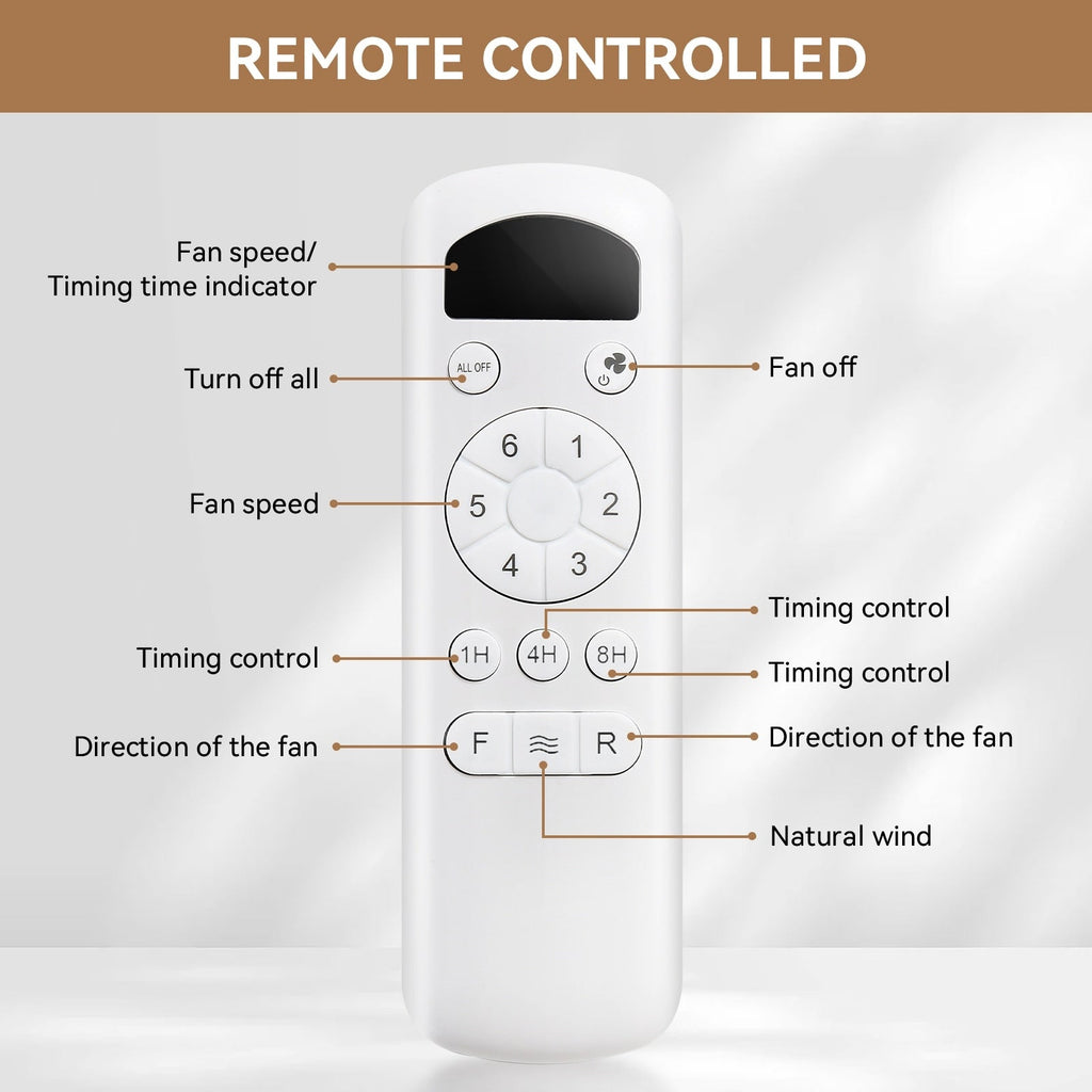 Moderner 52-Zoll-Deckenventilator aus Massivholz/ABS mit Fernbedienung (ohne Beleuchtung), 6 Windgeschwindigkeiten und umkehrbarer Luftstromrichtung