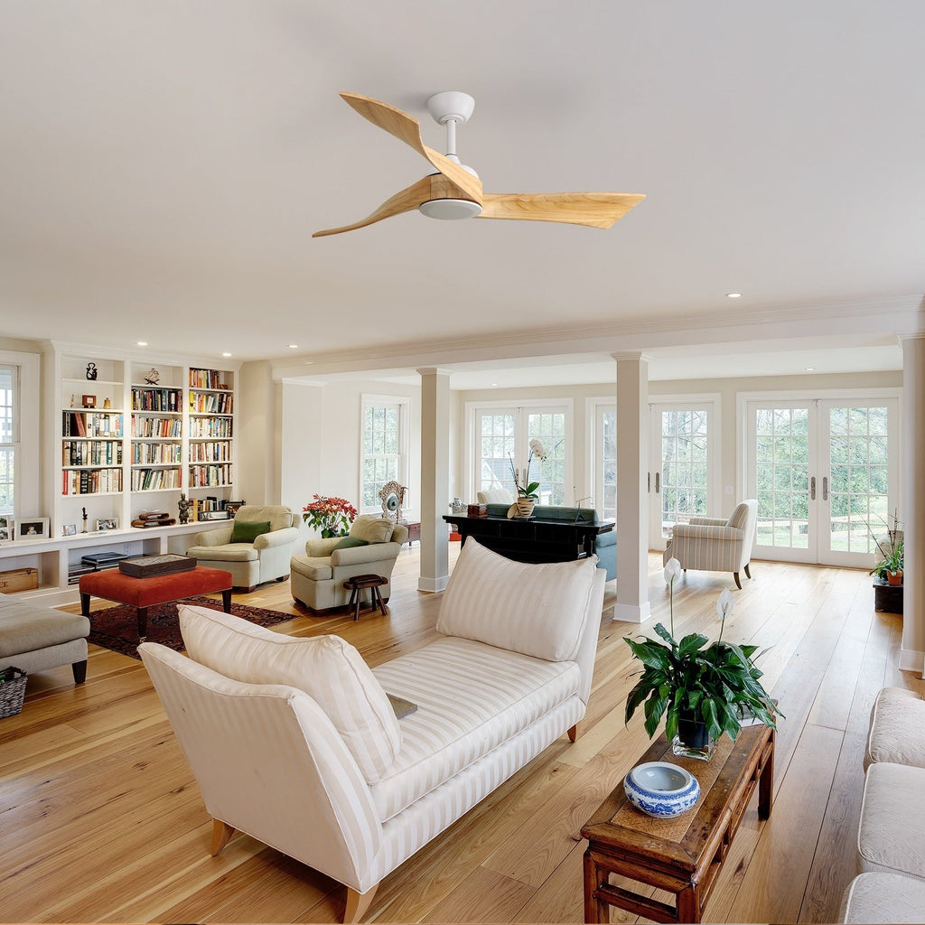 Moderner 52-Zoll-Deckenventilator aus Massivholz/ABS mit Fernbedienung (ohne Beleuchtung), 6 Windgeschwindigkeiten und umkehrbarer Luftstromrichtung