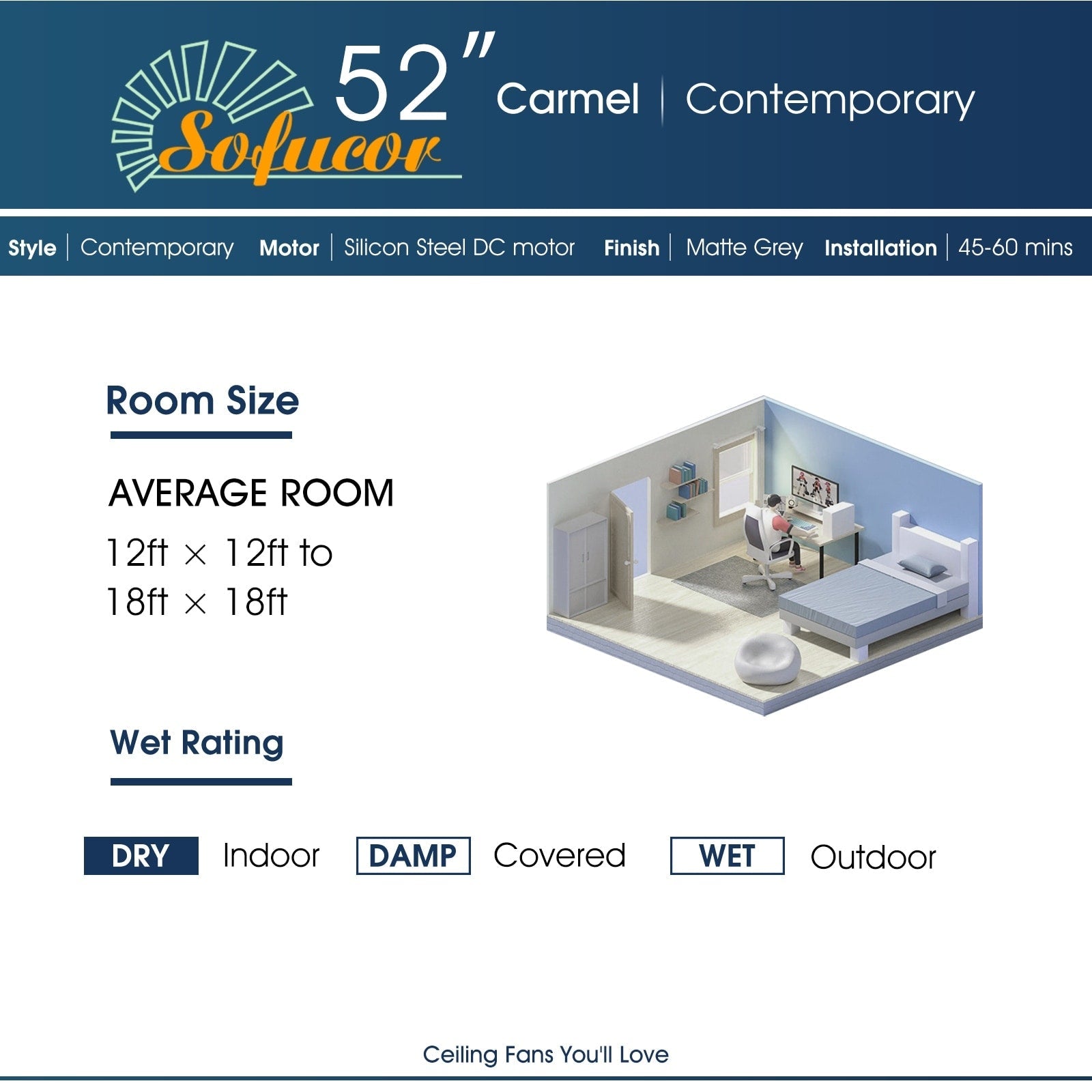 Moderner 52-Zoll-Deckenventilator aus Massivholz/ABS mit Fernbedienung (ohne Beleuchtung), 6 Windgeschwindigkeiten und umkehrbarer Luftstromrichtung
