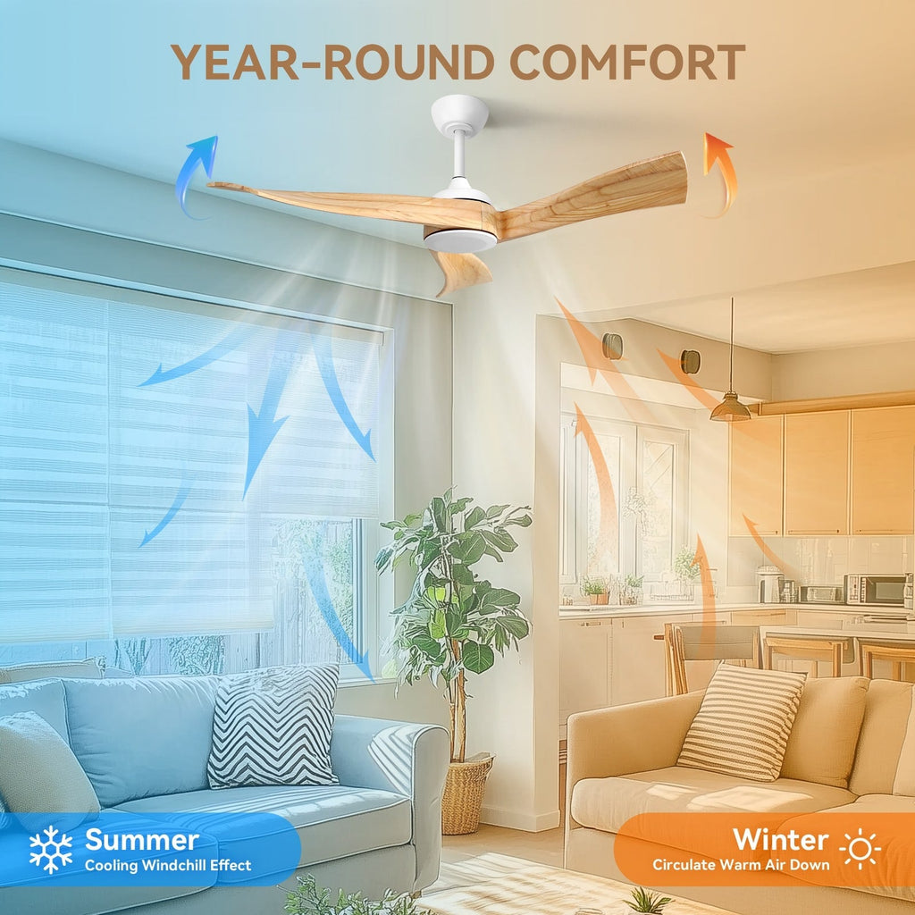 Moderner 52-Zoll-Deckenventilator aus Massivholz/ABS mit Fernbedienung (ohne Beleuchtung), 6 Windgeschwindigkeiten und umkehrbarer Luftstromrichtung