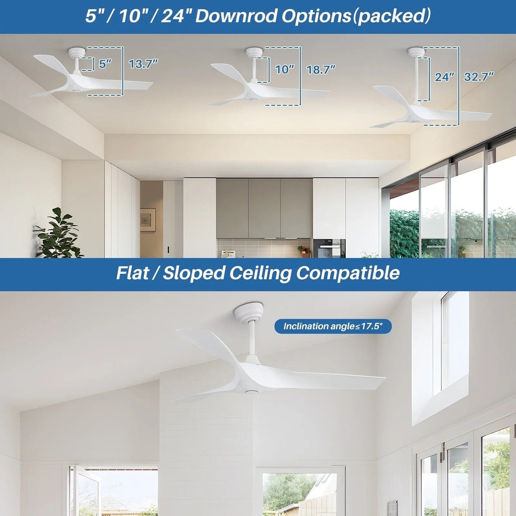 Moderner 52-Zoll-Deckenventilator aus Massivholz/ABS mit Fernbedienung (ohne Beleuchtung), 6 Windgeschwindigkeiten und umkehrbarer Luftstromrichtung
