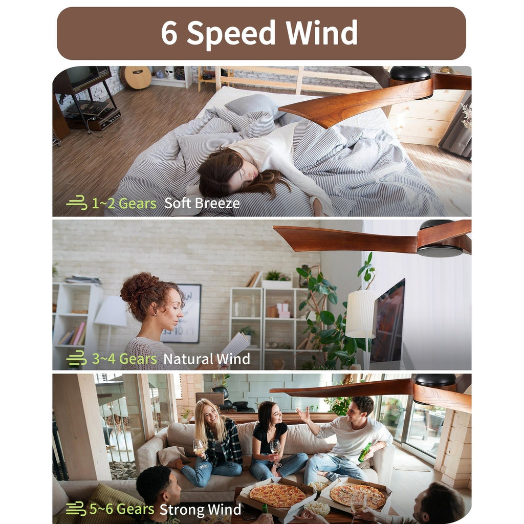 Moderner 52-Zoll-Deckenventilator aus Massivholz/ABS mit Fernbedienung (ohne Beleuchtung), 6 Windgeschwindigkeiten und umkehrbarer Luftstromrichtung