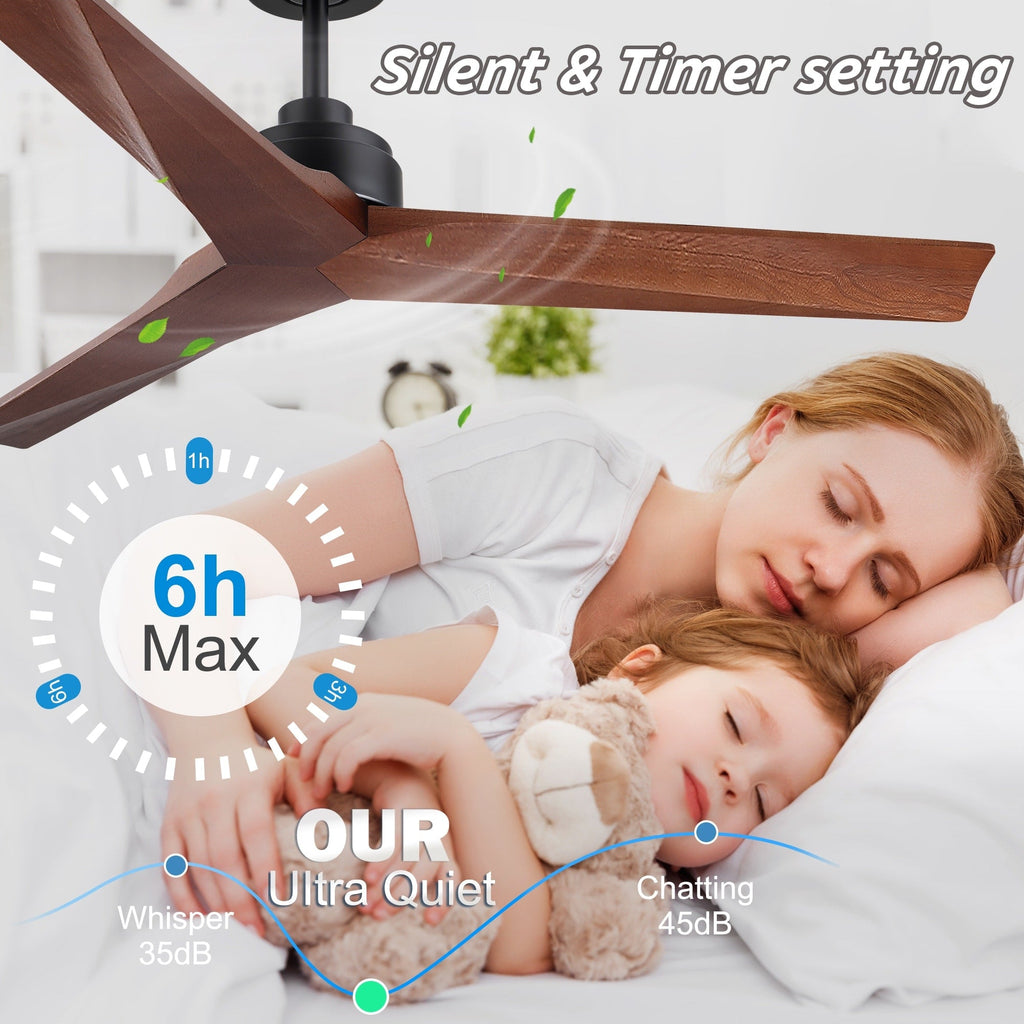 Moderner 52-Zoll-Deckenventilator aus Massivholz/ABS mit Fernbedienung (ohne Beleuchtung), 6 Windgeschwindigkeiten und umkehrbarer Luftstromrichtung
