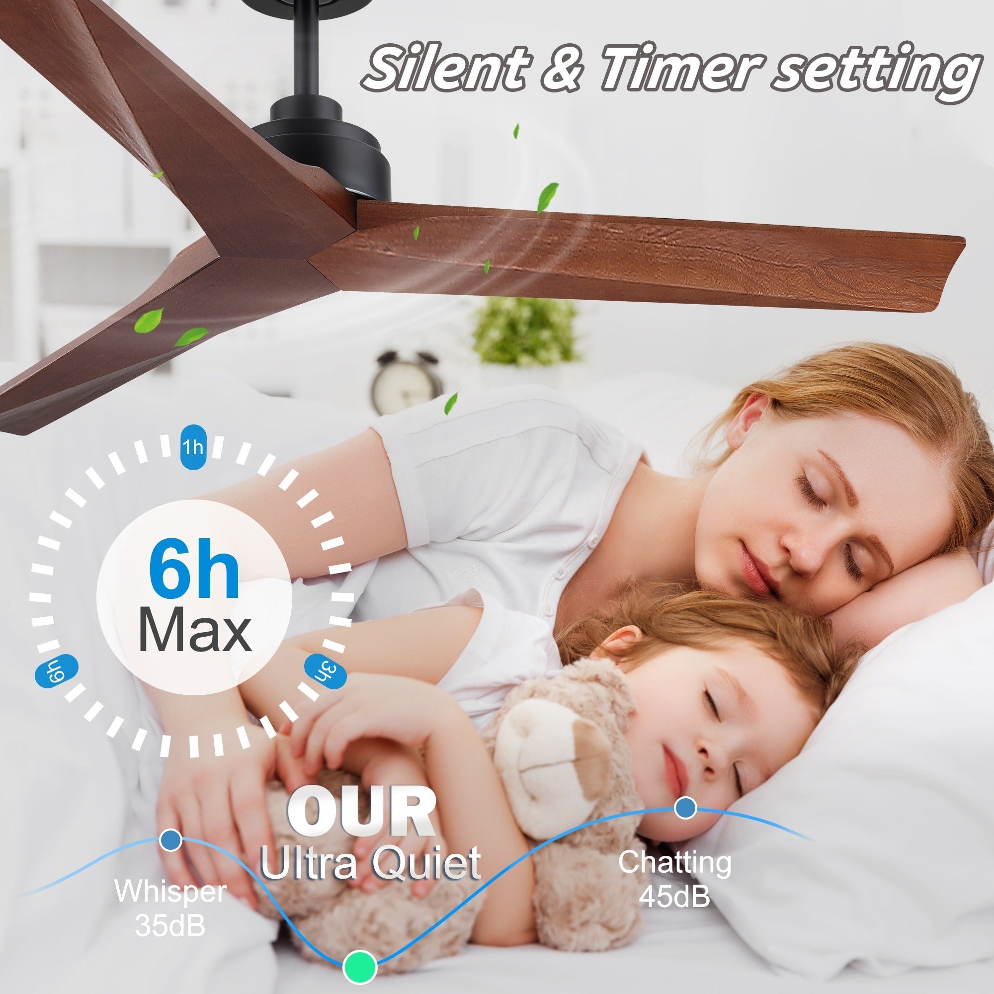 Moderner 52-Zoll-Deckenventilator aus Massivholz/ABS mit Fernbedienung (ohne Beleuchtung), 6 Windgeschwindigkeiten und umkehrbarer Luftstromrichtung