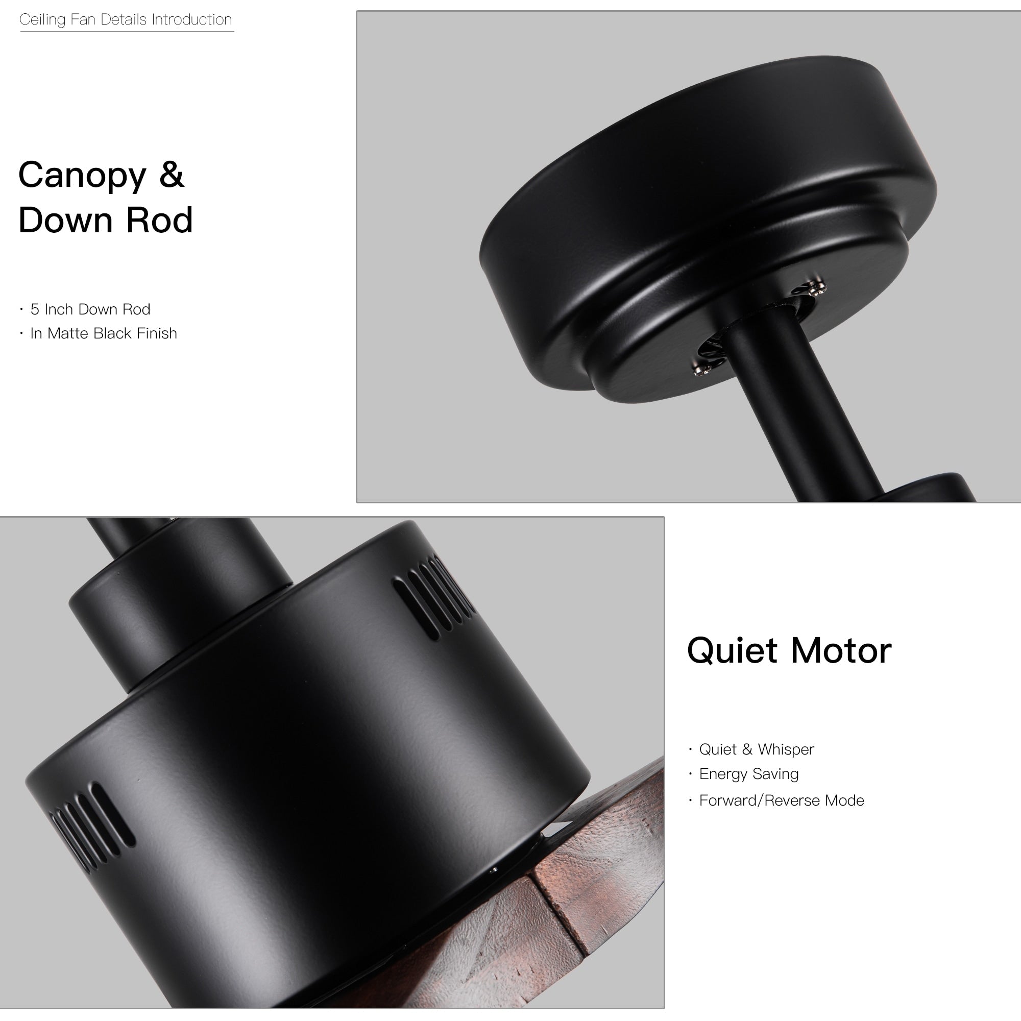 Moderner 52-Zoll-Deckenventilator aus Massivholz/ABS mit Fernbedienung (ohne Beleuchtung), 6 Windgeschwindigkeiten und umkehrbarer Luftstromrichtung