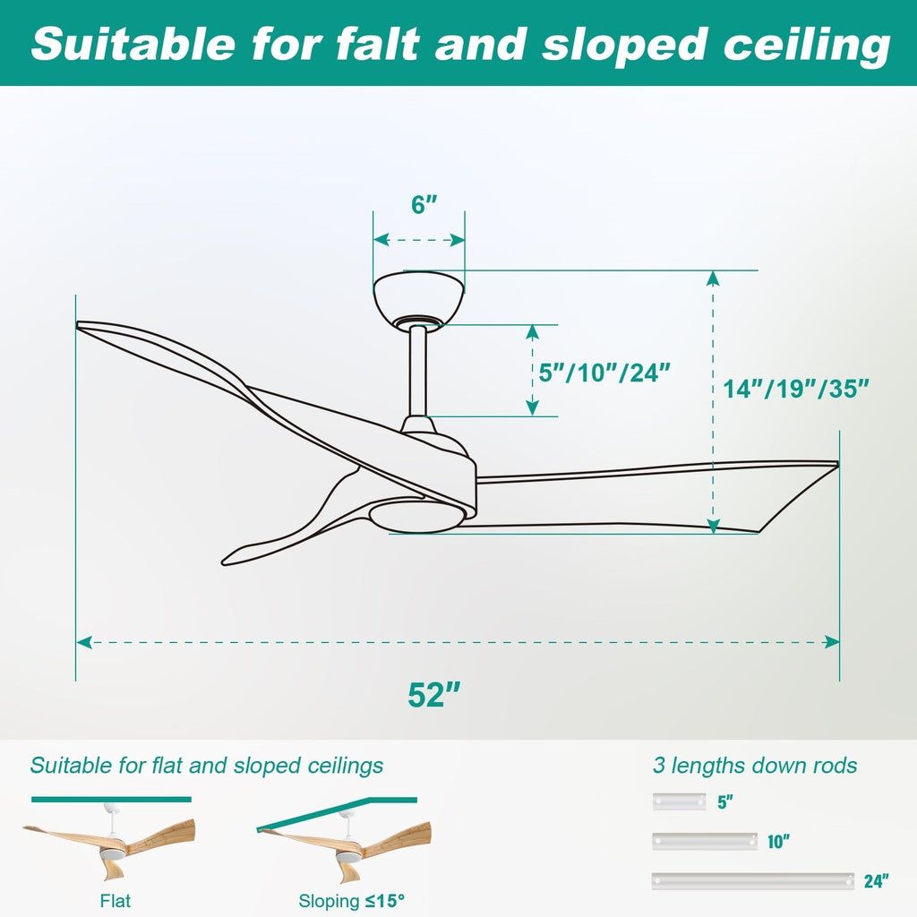 Moderner 52-Zoll-Deckenventilator aus Massivholz/ABS mit Fernbedienung (ohne Beleuchtung), 6 Windgeschwindigkeiten und umkehrbarer Luftstromrichtung