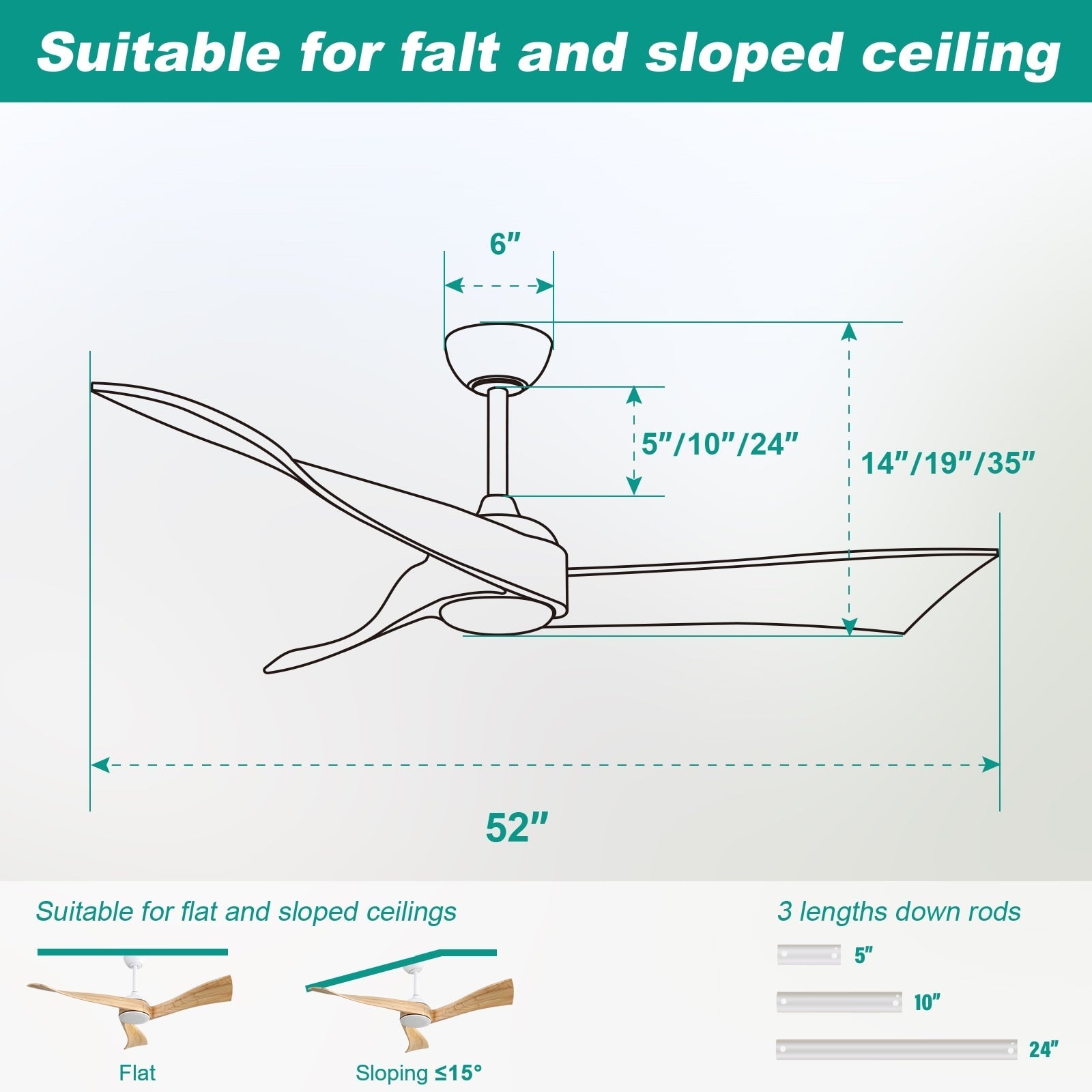 Moderner 52-Zoll-Deckenventilator aus Massivholz/ABS mit Fernbedienung (ohne Beleuchtung), 6 Windgeschwindigkeiten und umkehrbarer Luftstromrichtung