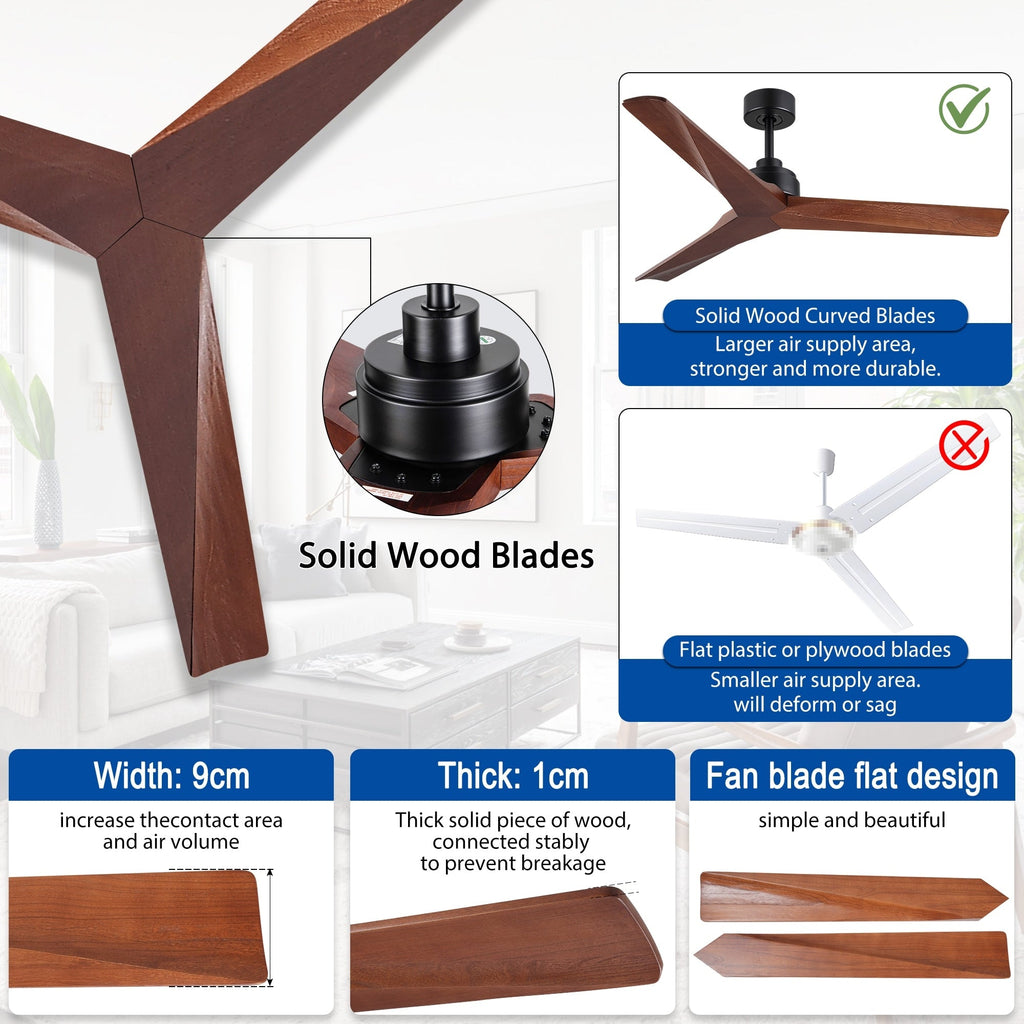 Moderner 52-Zoll-Deckenventilator aus Massivholz/ABS mit Fernbedienung (ohne Beleuchtung), 6 Windgeschwindigkeiten und umkehrbarer Luftstromrichtung