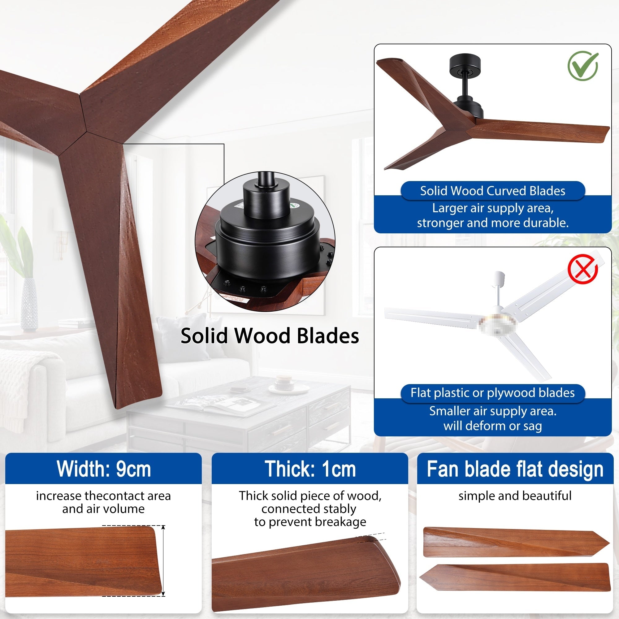 Moderner 52-Zoll-Deckenventilator aus Massivholz/ABS mit Fernbedienung (ohne Beleuchtung), 6 Windgeschwindigkeiten und umkehrbarer Luftstromrichtung