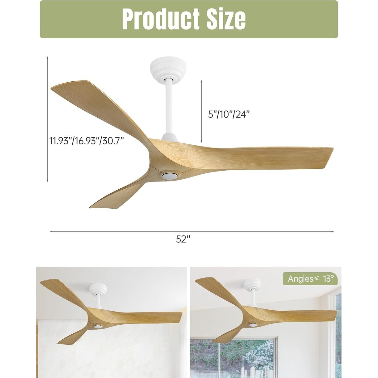 Moderner 52-Zoll-Deckenventilator aus Massivholz/ABS mit Fernbedienung (ohne Beleuchtung), 6 Windgeschwindigkeiten und umkehrbarer Luftstromrichtung