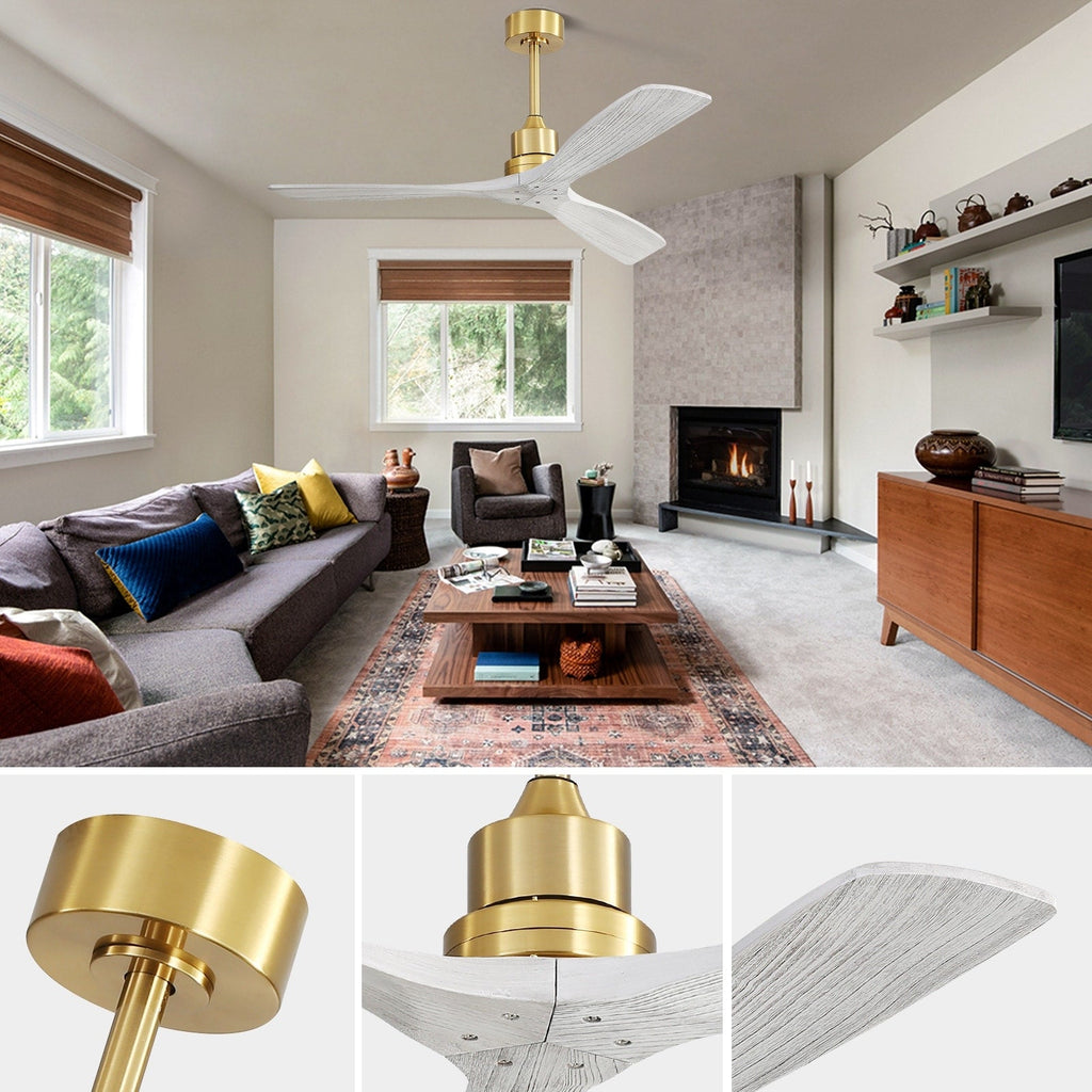 Moderner 52-Zoll-Deckenventilator aus Massivholz/ABS mit Fernbedienung (ohne Beleuchtung), 6 Windgeschwindigkeiten und umkehrbarer Luftstromrichtung