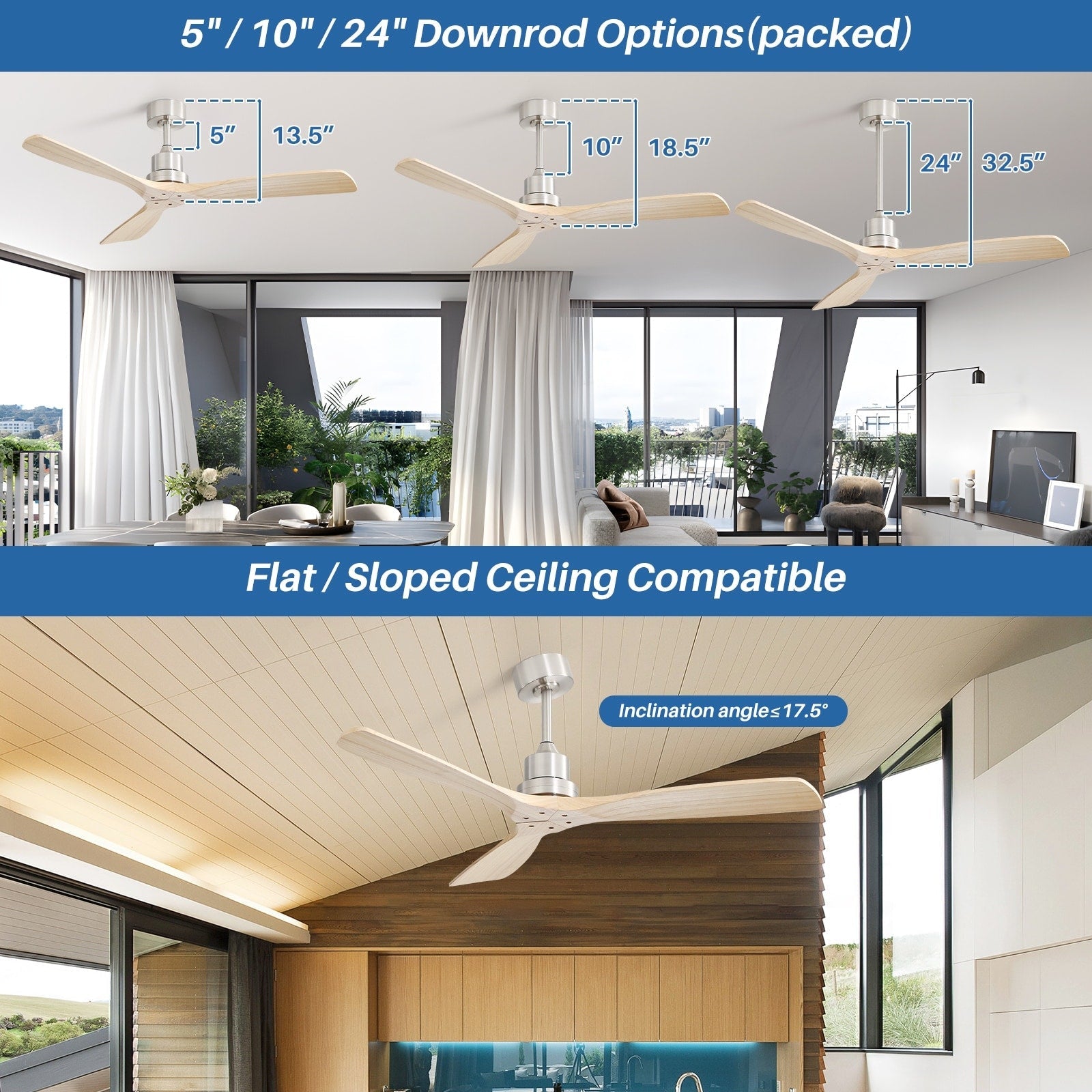 Moderner 52-Zoll-Deckenventilator aus Massivholz/ABS mit Fernbedienung (ohne Beleuchtung), 6 Windgeschwindigkeiten und umkehrbarer Luftstromrichtung