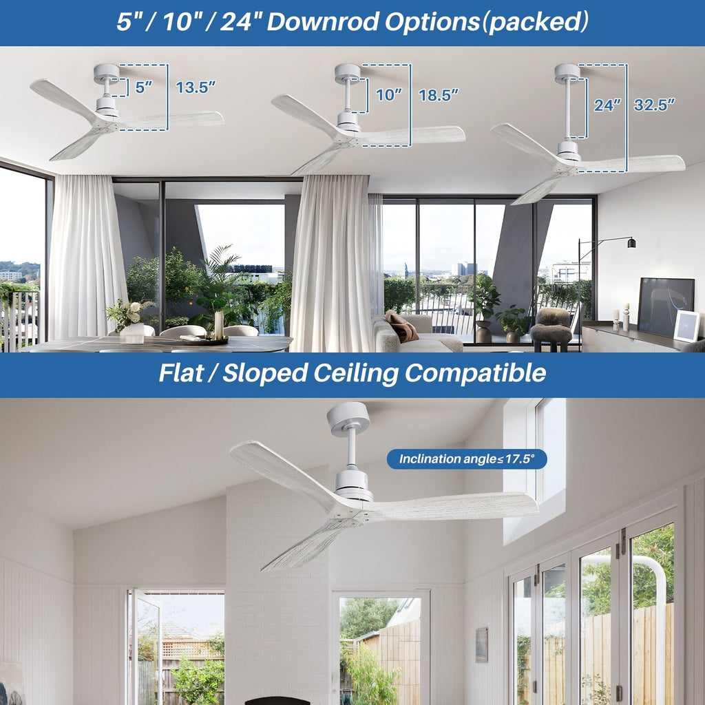 Moderner 52-Zoll-Deckenventilator aus Massivholz/ABS mit Fernbedienung (ohne Beleuchtung), 6 Windgeschwindigkeiten und umkehrbarer Luftstromrichtung
